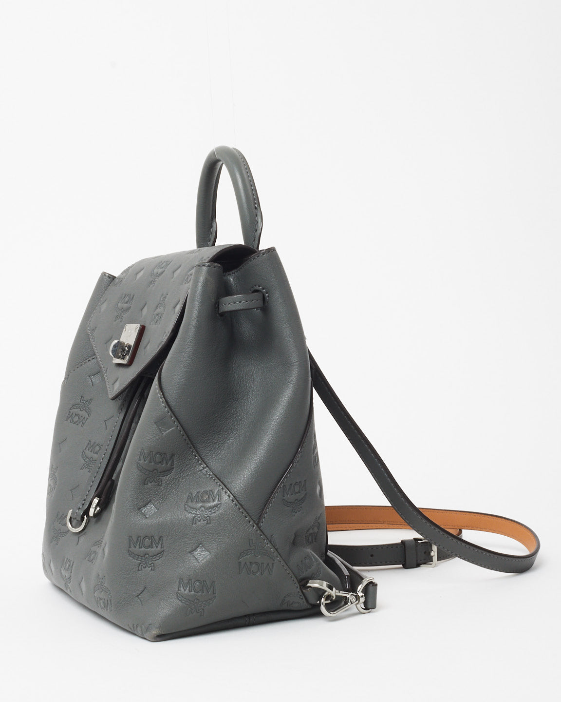 MCM Grey Leather Embossed Logo Backpack