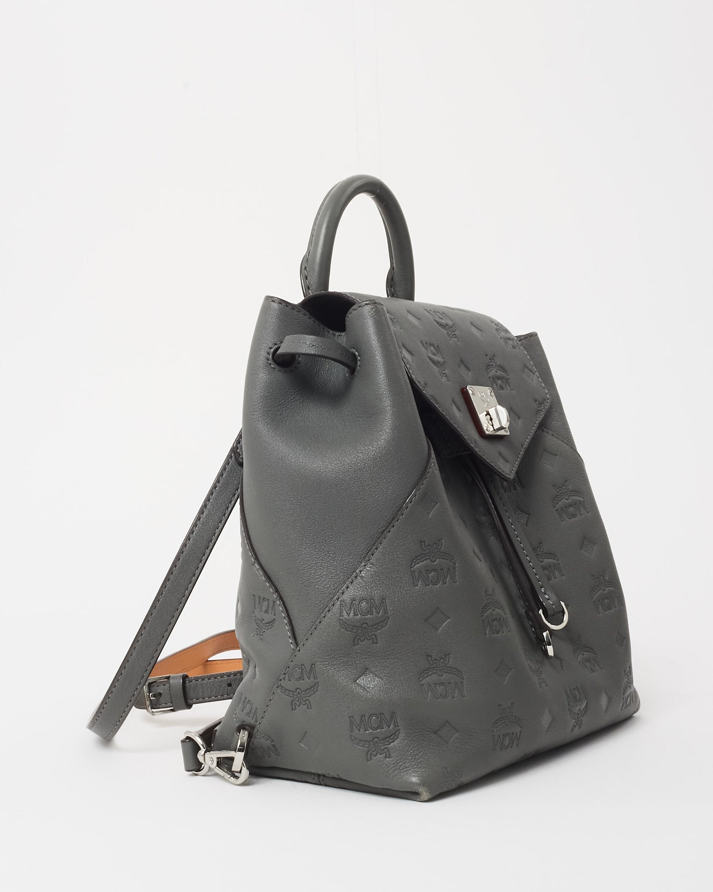 MCM Grey Leather Embossed Logo Backpack