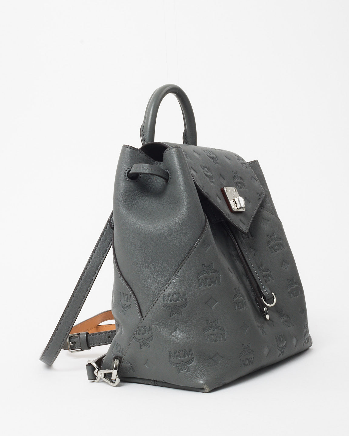 MCM Grey Leather Embossed Logo Backpack