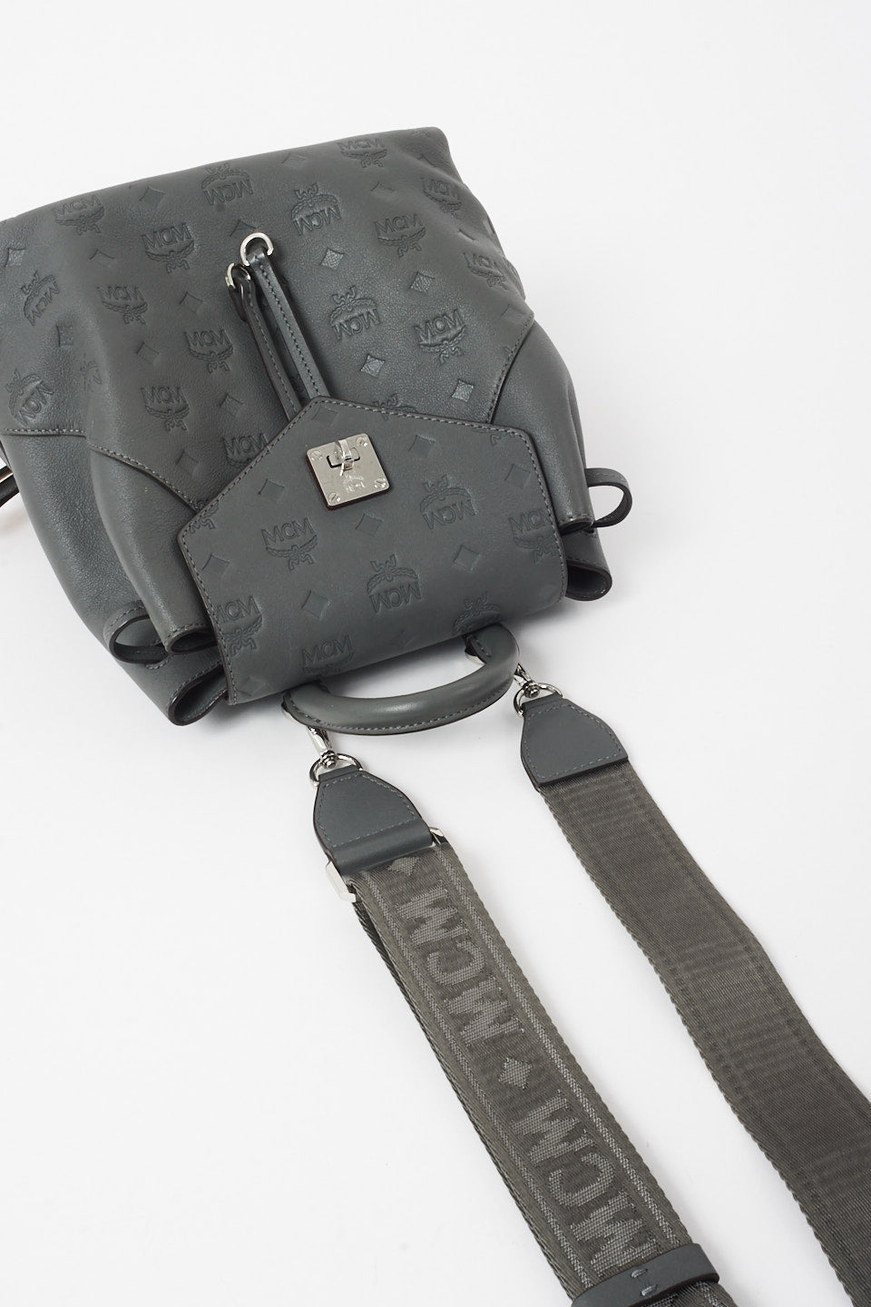 MCM Grey Leather Embossed Logo Backpack