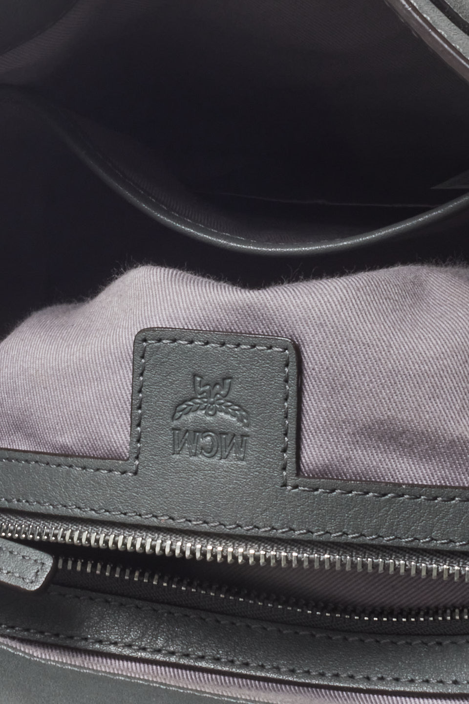 MCM Grey Leather Embossed Logo Backpack