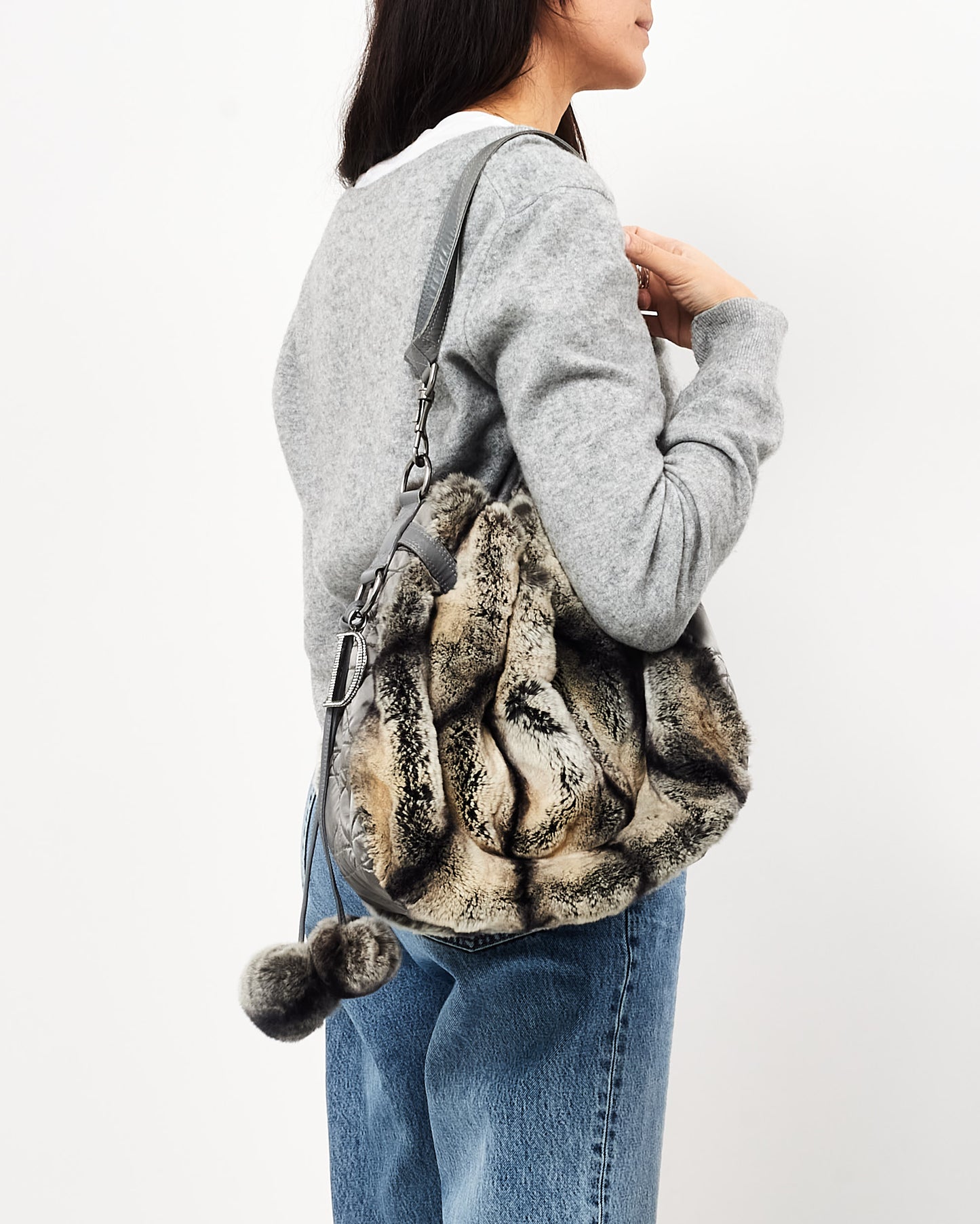 Dior Grey Rabbit Fur Cannage Drawstring Bucket Bag