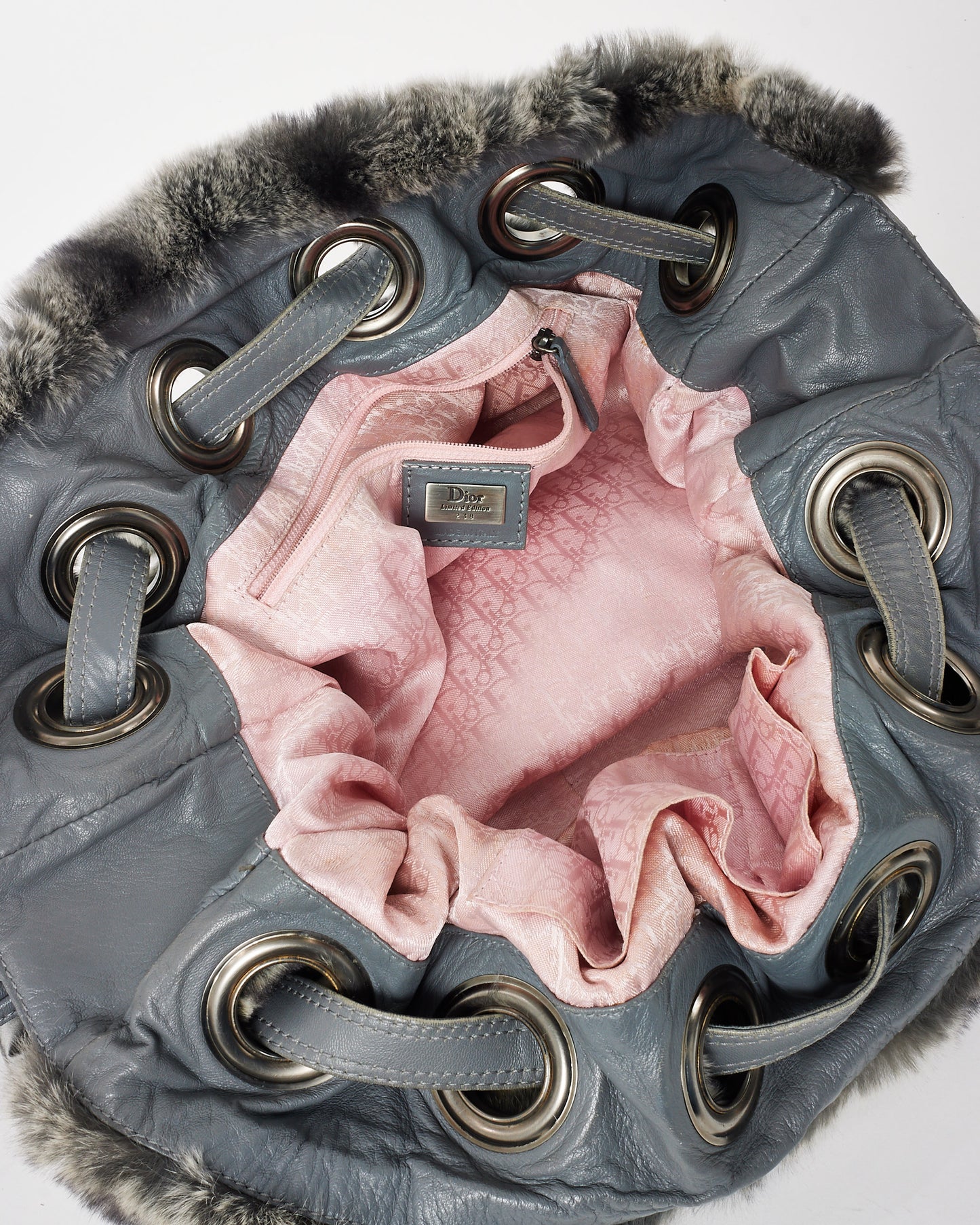 Dior Grey Rabbit Fur Cannage Drawstring Bucket Bag