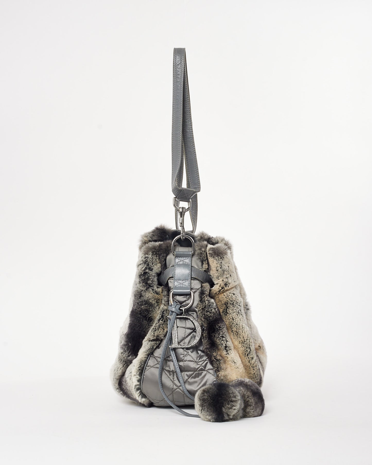 Dior Grey Rabbit Fur Cannage Drawstring Bucket Bag