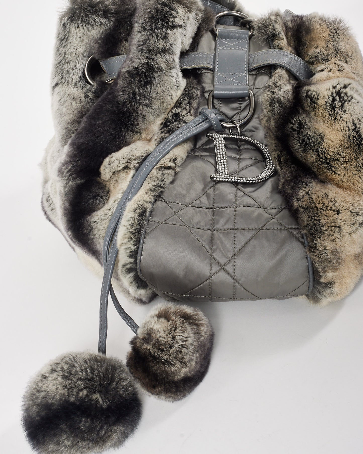 Dior Grey Rabbit Fur Cannage Drawstring Bucket Bag