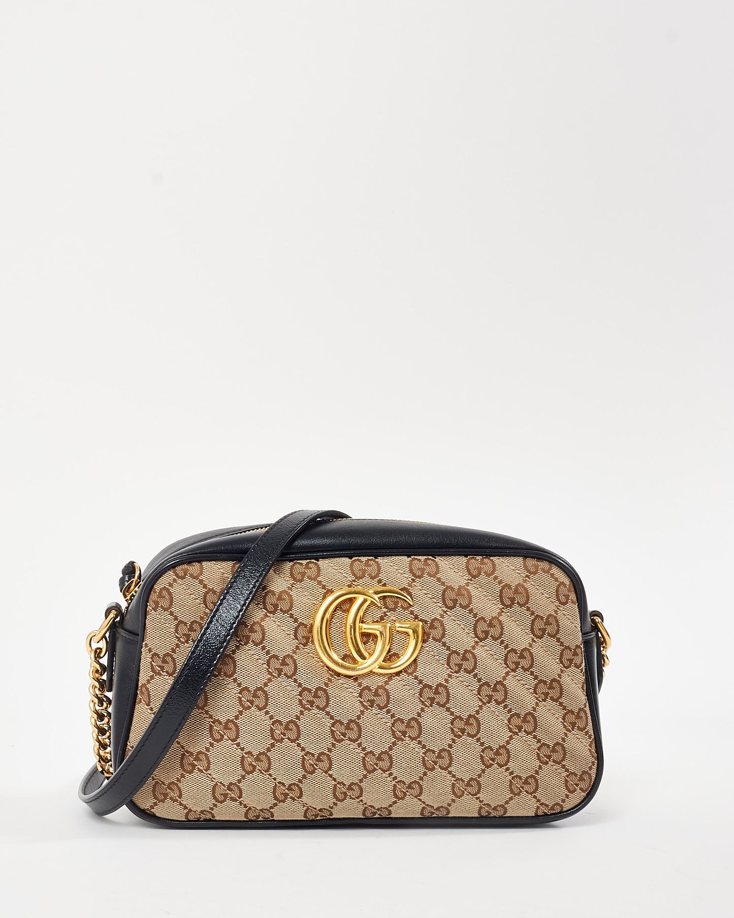 Gucci Black Beige Monogram GG Canvas Small Marmont Crossbody Bag