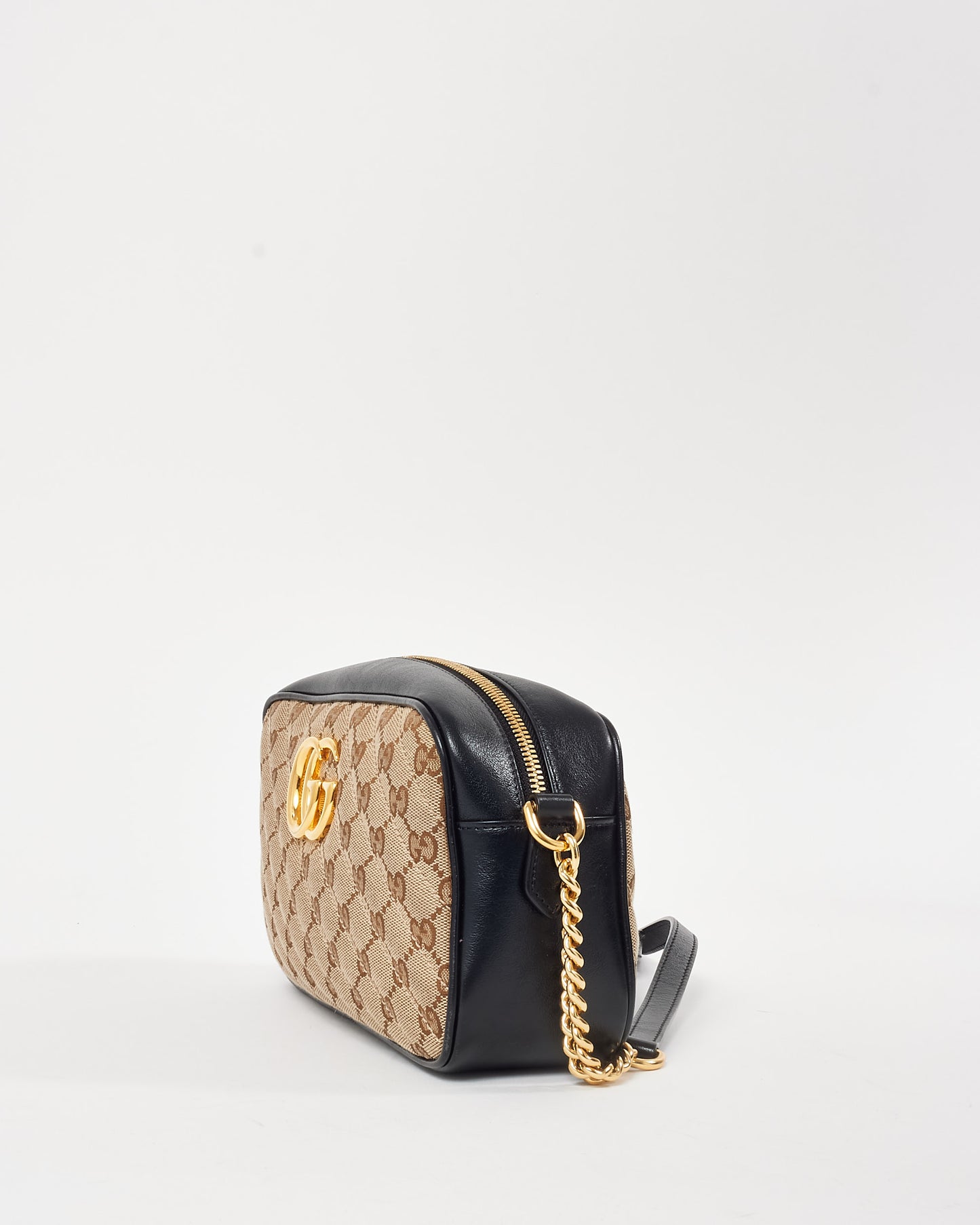 Gucci Black Beige Monogram GG Canvas Small Marmont Crossbody Bag