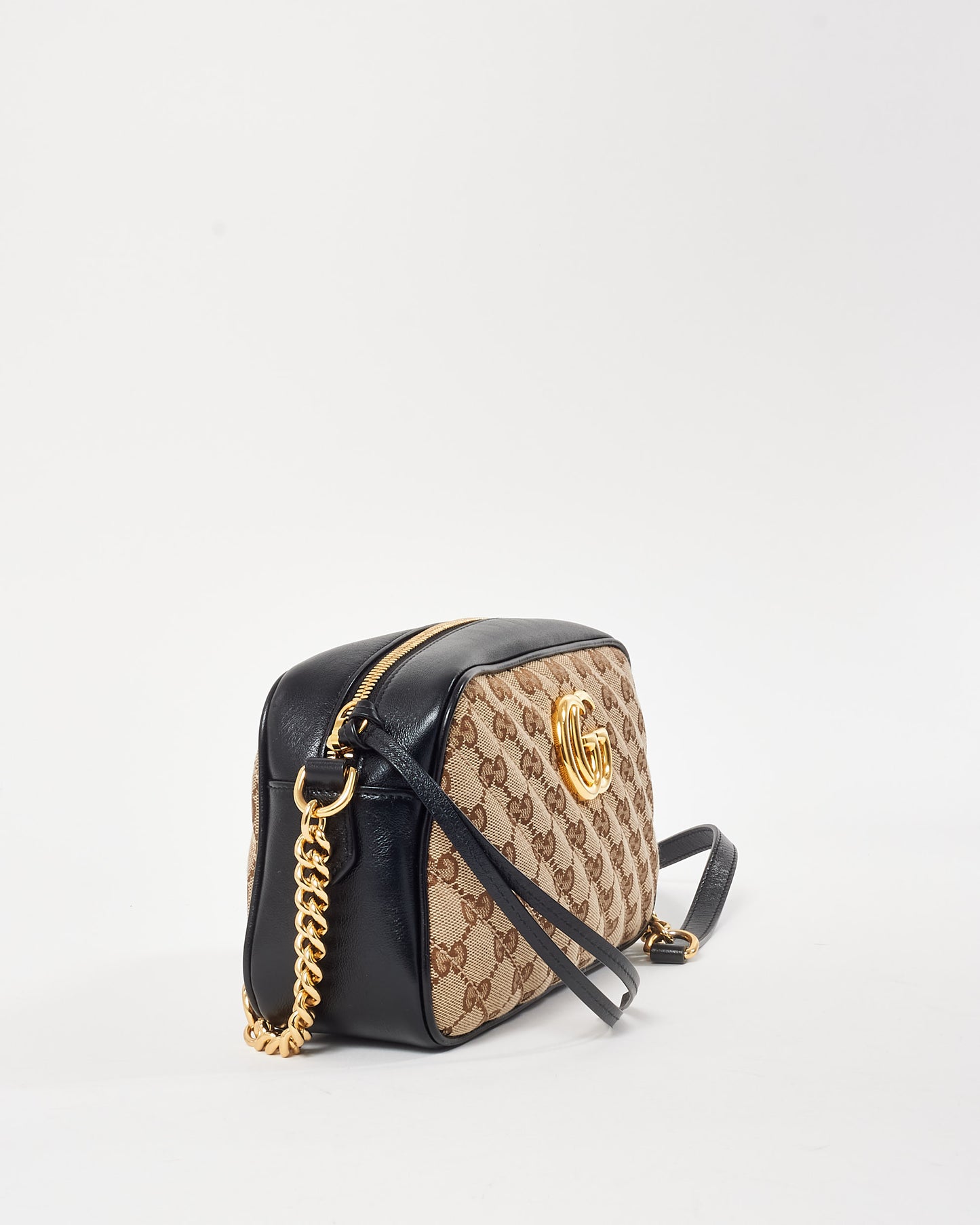 Gucci Black Beige Monogram GG Canvas Small Marmont Crossbody Bag