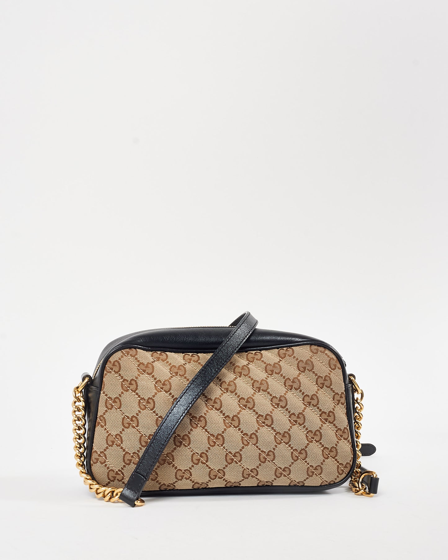 Gucci Black Beige Monogram GG Canvas Small Marmont Crossbody Bag