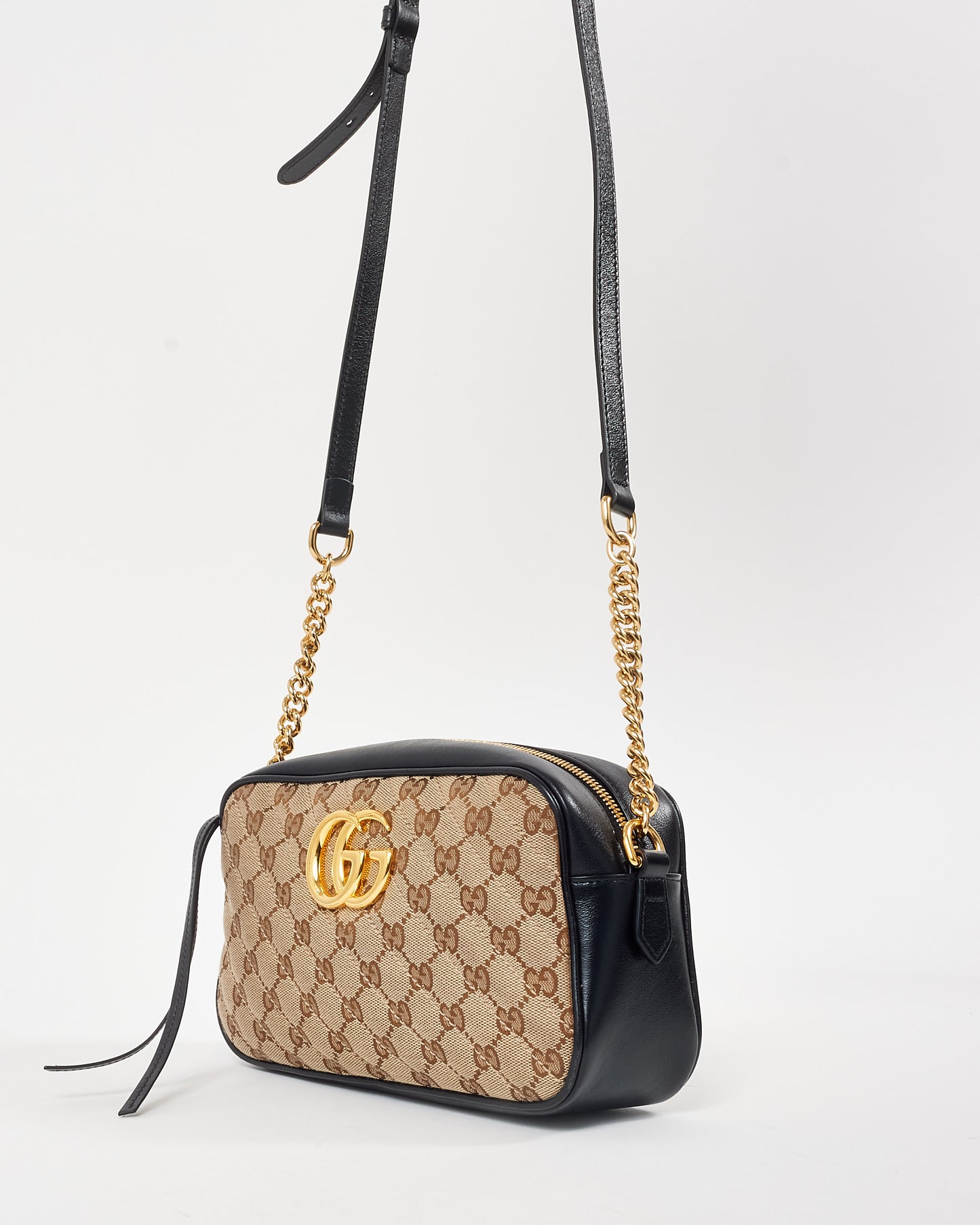 Gucci Black Beige Monogram GG Canvas Small Marmont Crossbody Bag