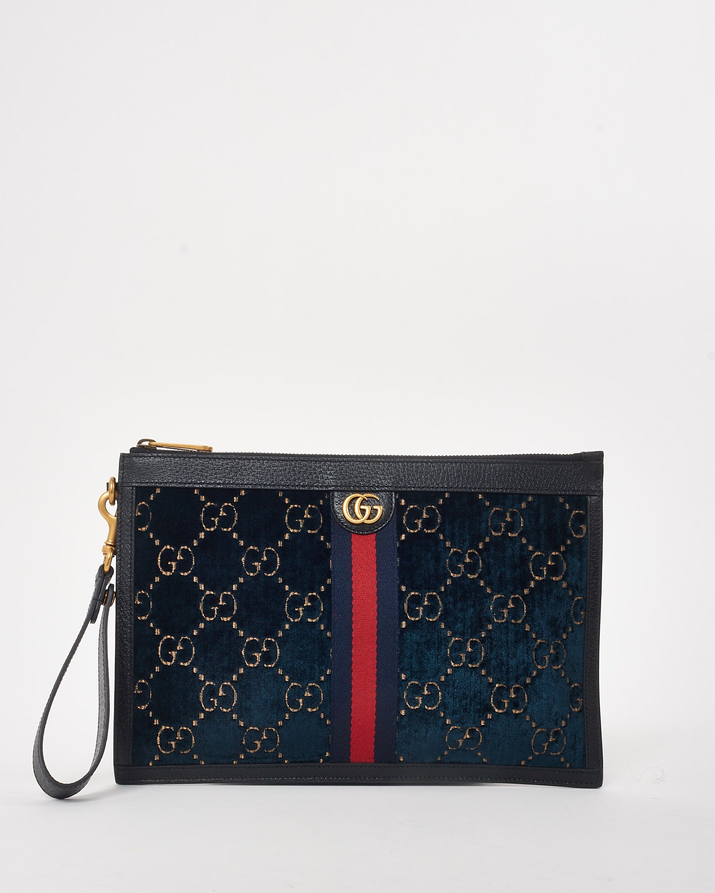 Gucci Blue GG Monogram Velvet Ophidia Wristlet Zip Pouch