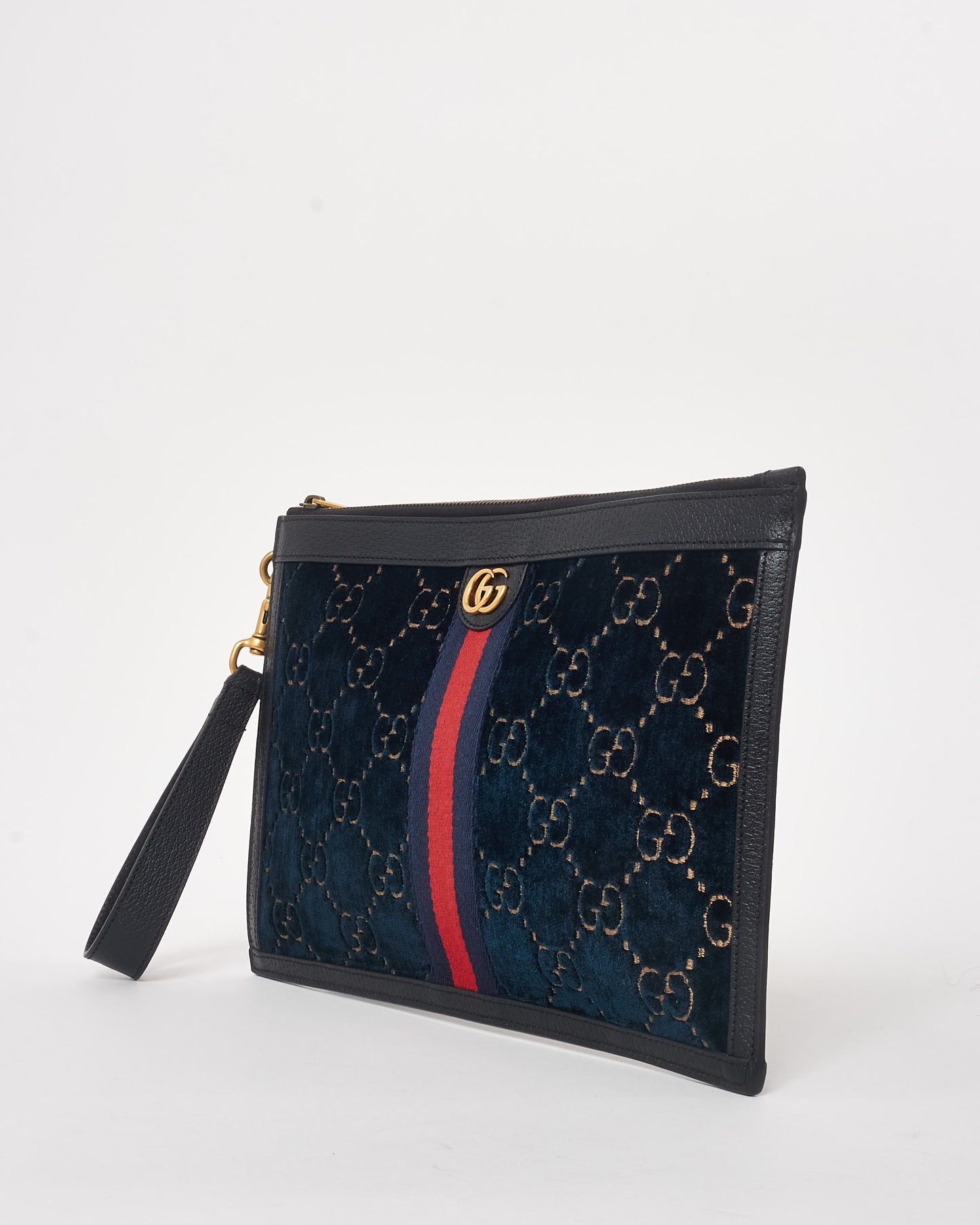 Gucci Blue GG Monogram Velvet Ophidia Wristlet Zip Pouch