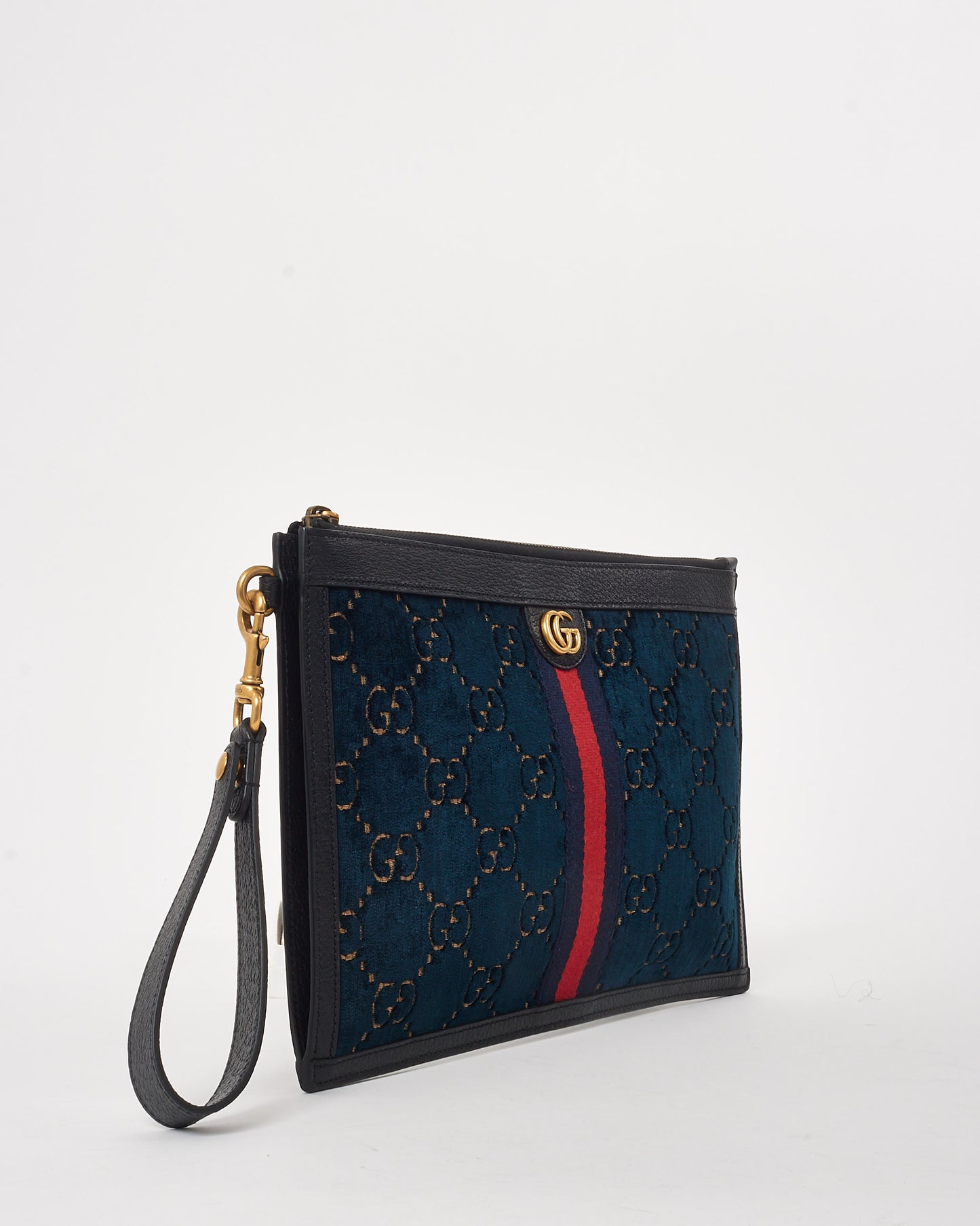 Gucci Blue GG Monogram Velvet Ophidia Wristlet Zip Pouch