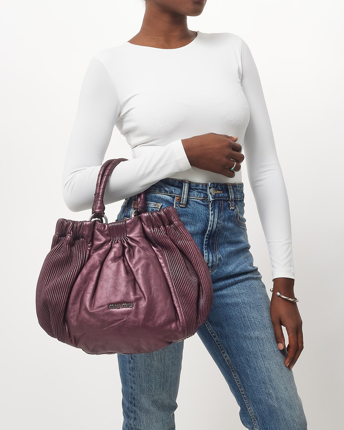 Miu Miu Purple Leather Pleated Hobo Bag