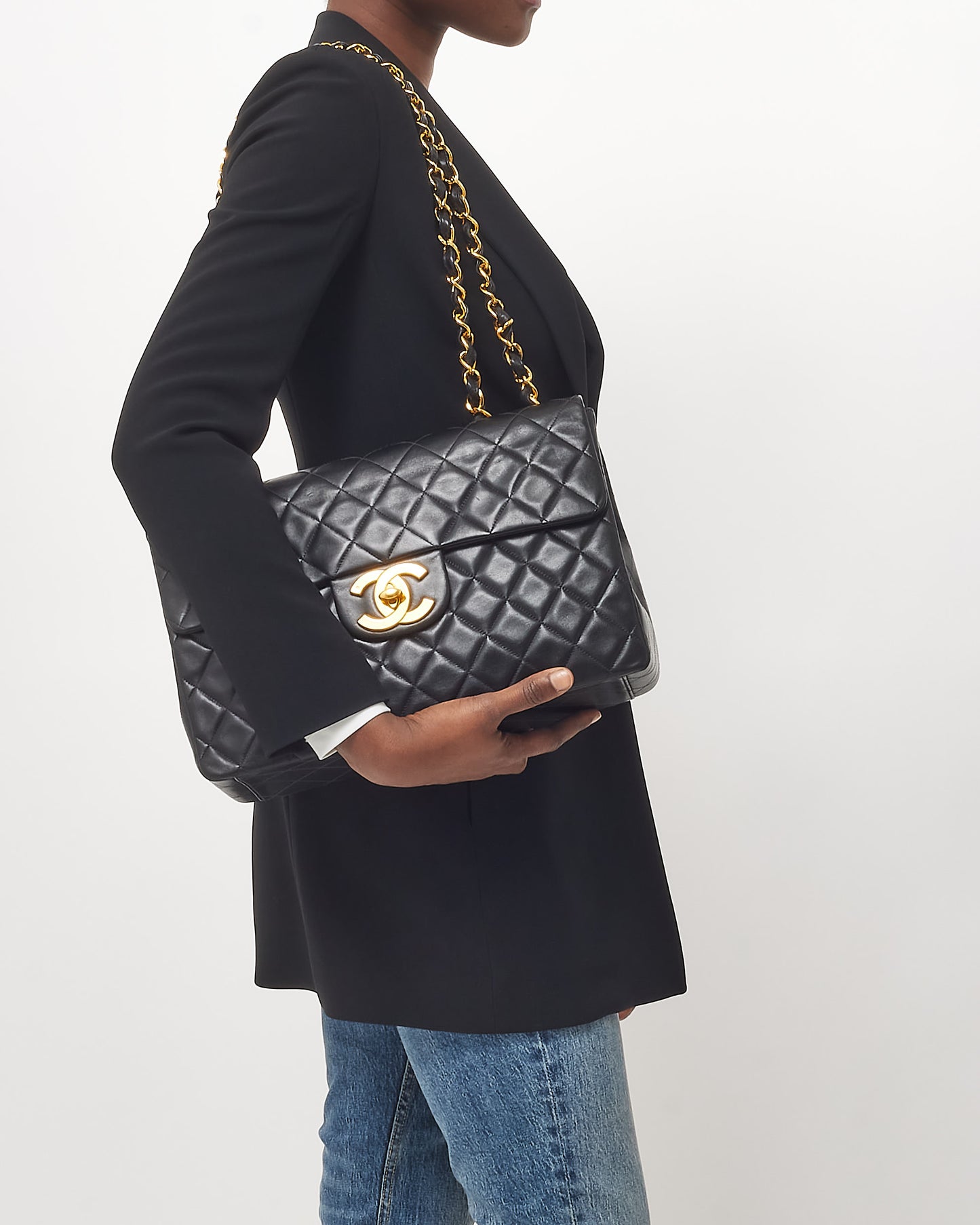 Chanel Vintage Black Lambskin Quilted Leather 24k Gold XL CC Maxi Flap Bag