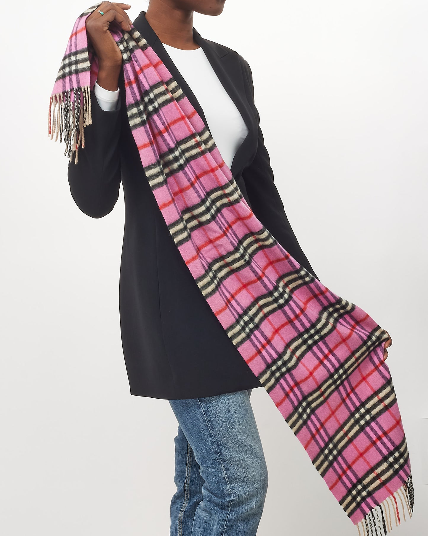 Burberry Pink Cashmere Wool Nova Check Fringe Scarf