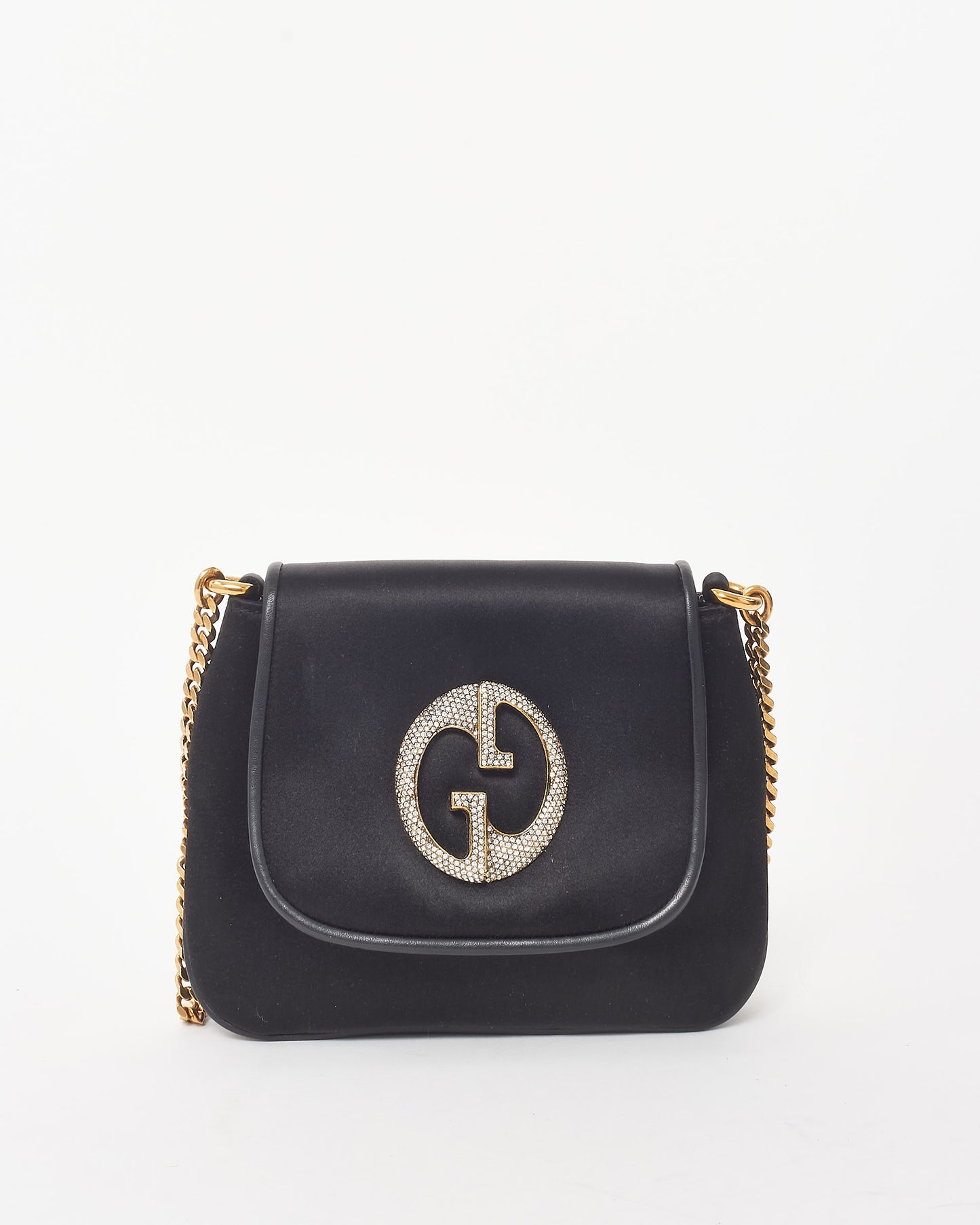 Gucci Black Satin Rhinestone GG 1973 Mini Chain Crossbody Bag