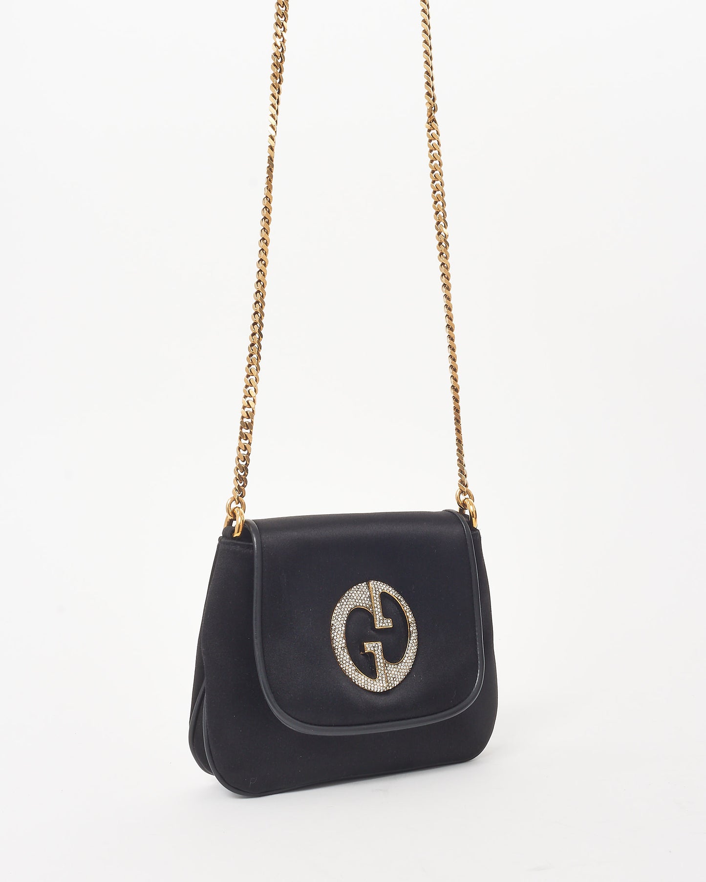 Gucci Black Satin Rhinestone GG 1973 Mini Chain Crossbody Bag