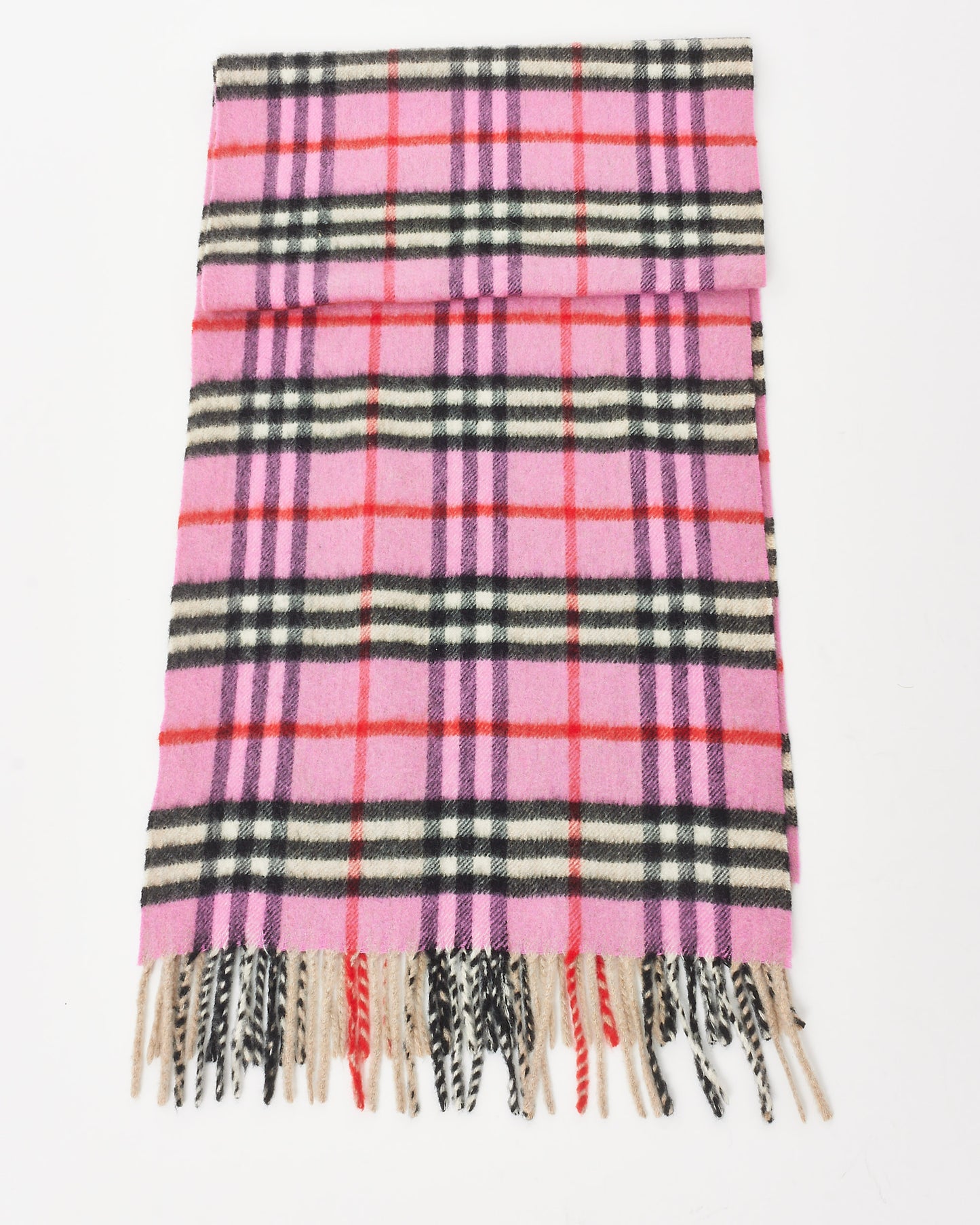 Burberry Pink Cashmere Wool Nova Check Fringe Scarf