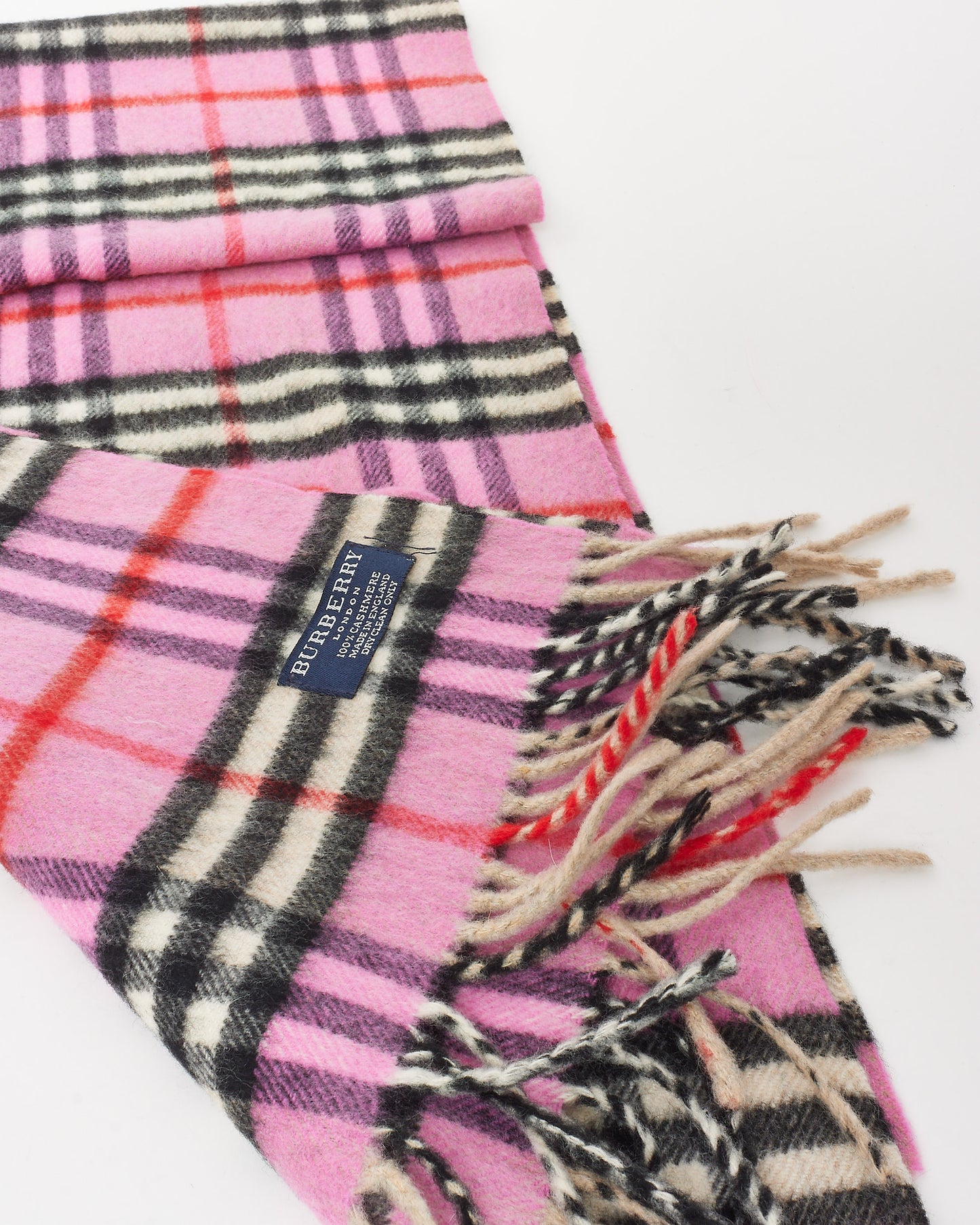 Burberry Pink Cashmere Wool Nova Check Fringe Scarf