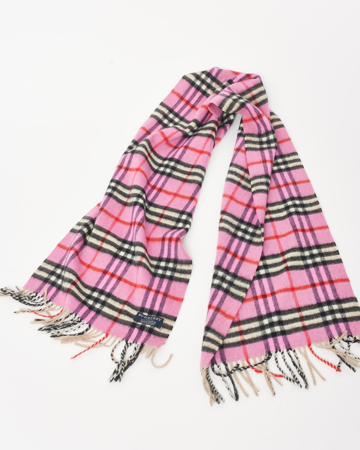 Burberry Pink Cashmere Wool Nova Check Fringe Scarf