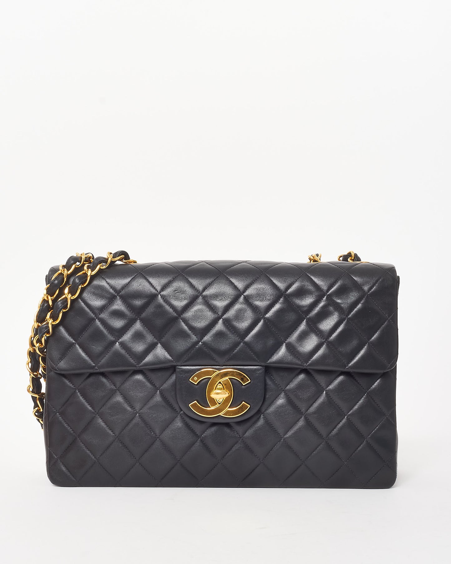 Chanel Vintage Black Lambskin Quilted Leather 24k Gold XL CC Maxi Flap Bag