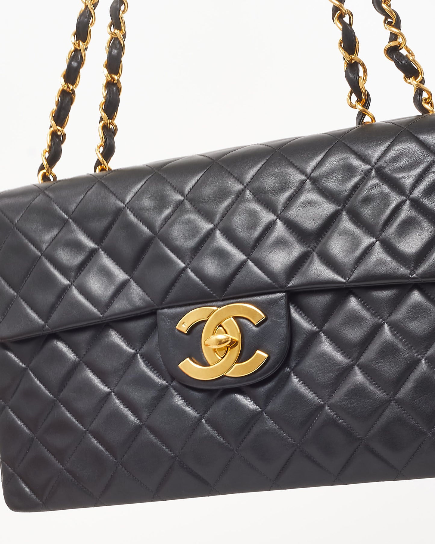 Chanel Vintage Black Lambskin Quilted Leather 24k Gold XL CC Maxi Flap Bag