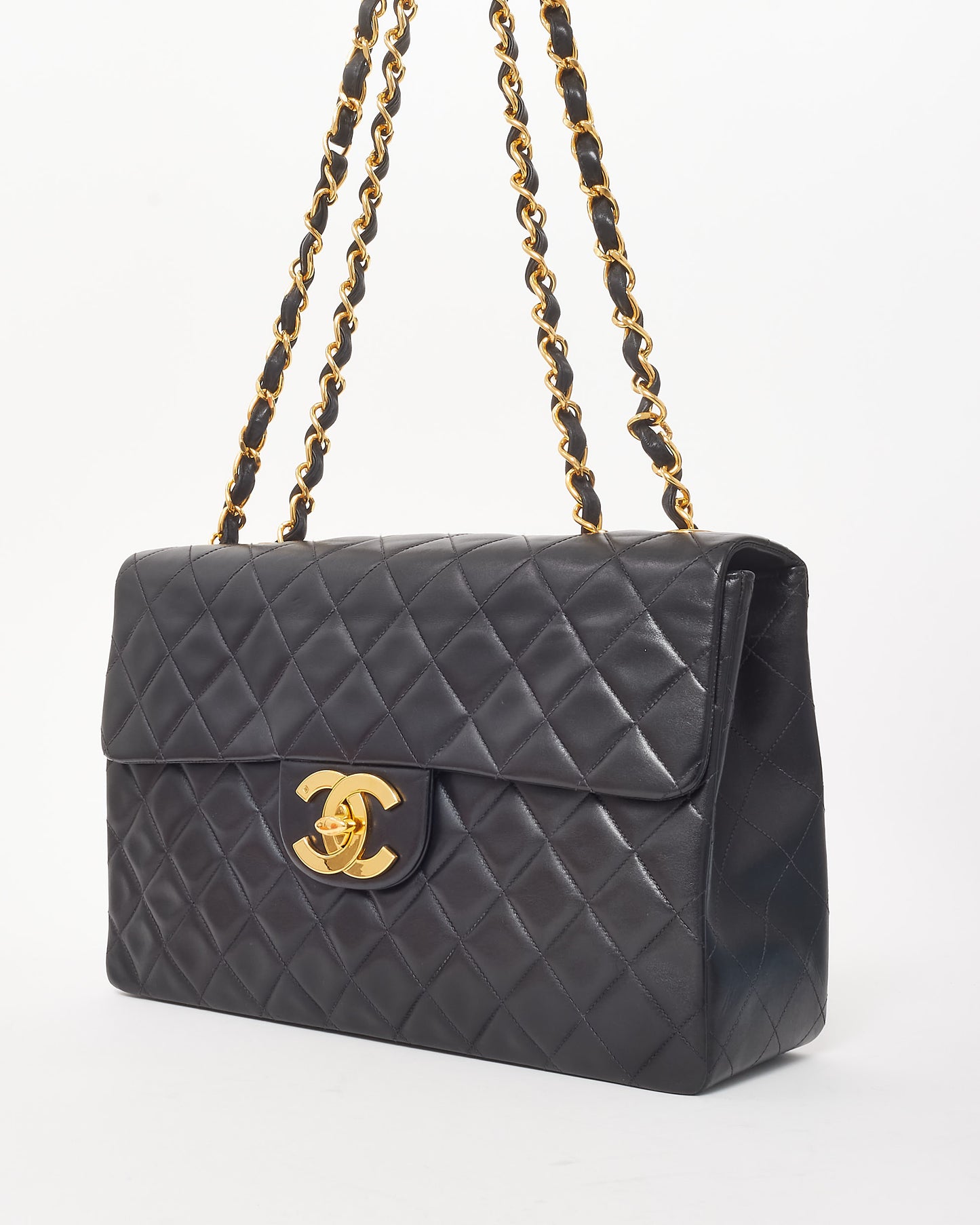 Chanel Vintage Black Lambskin Quilted Leather 24k Gold XL CC Maxi Flap Bag