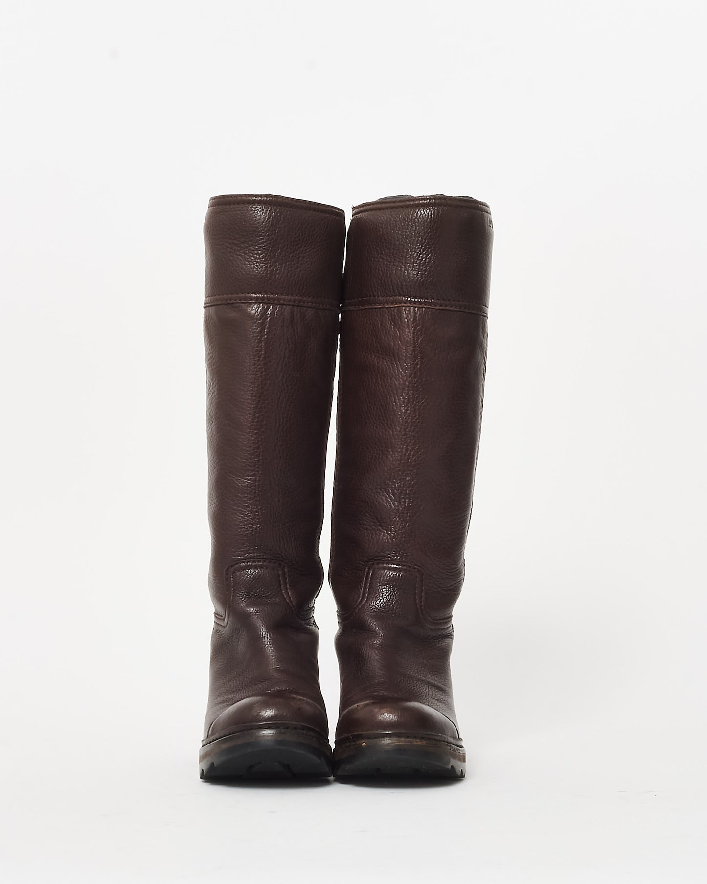 Prada Brown Pebbled Leather Logo Knee-High Boots - 36