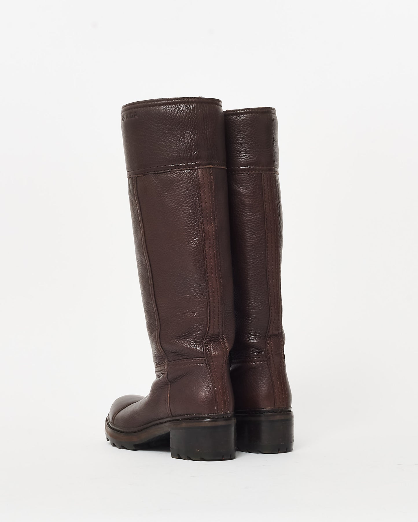 Prada Brown Pebbled Leather Logo Knee-High Boots - 36