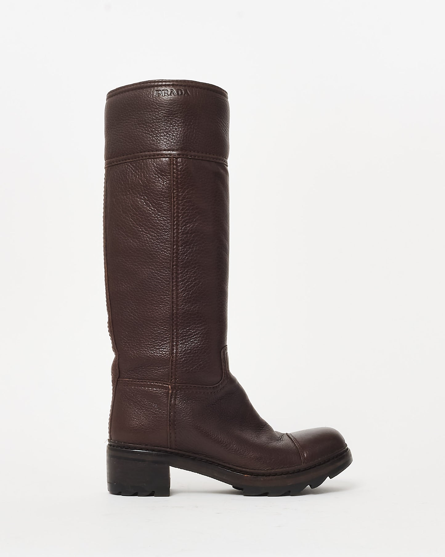 Prada Brown Pebbled Leather Logo Knee-High Boots - 36