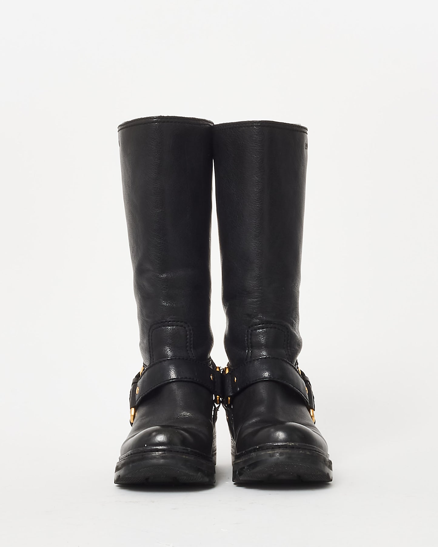 Prada Black Leather Moto Gold Buckle Knee-High Boots - 35.5