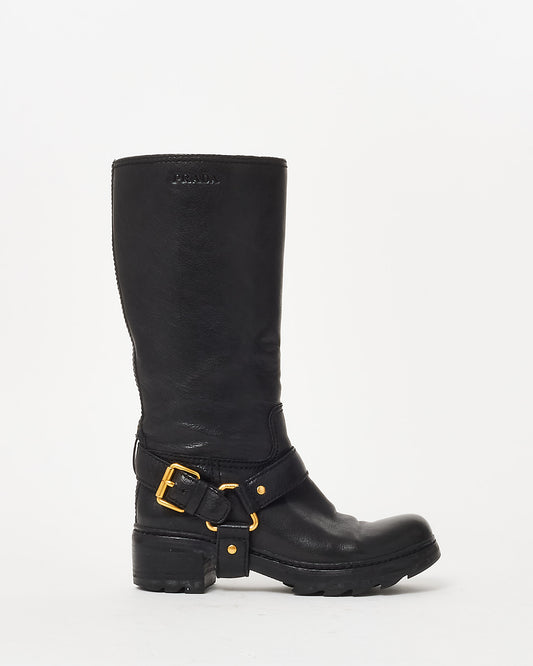 Prada Black Leather Moto Gold Buckle Knee-High Boots - 35.5