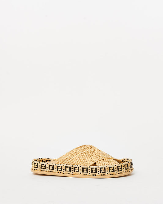 Fendi Beige Raffia Reflection Crisscross Slide Sandals - 35.5