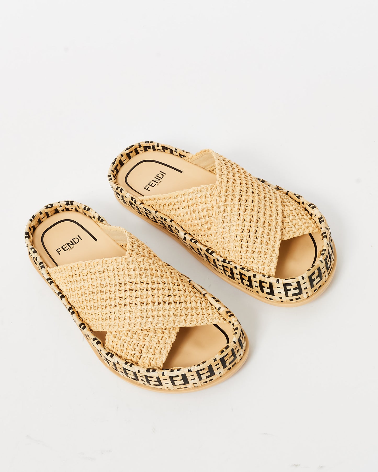 Fendi Beige Raffia Reflection Crisscross Slide Sandals - 35.5