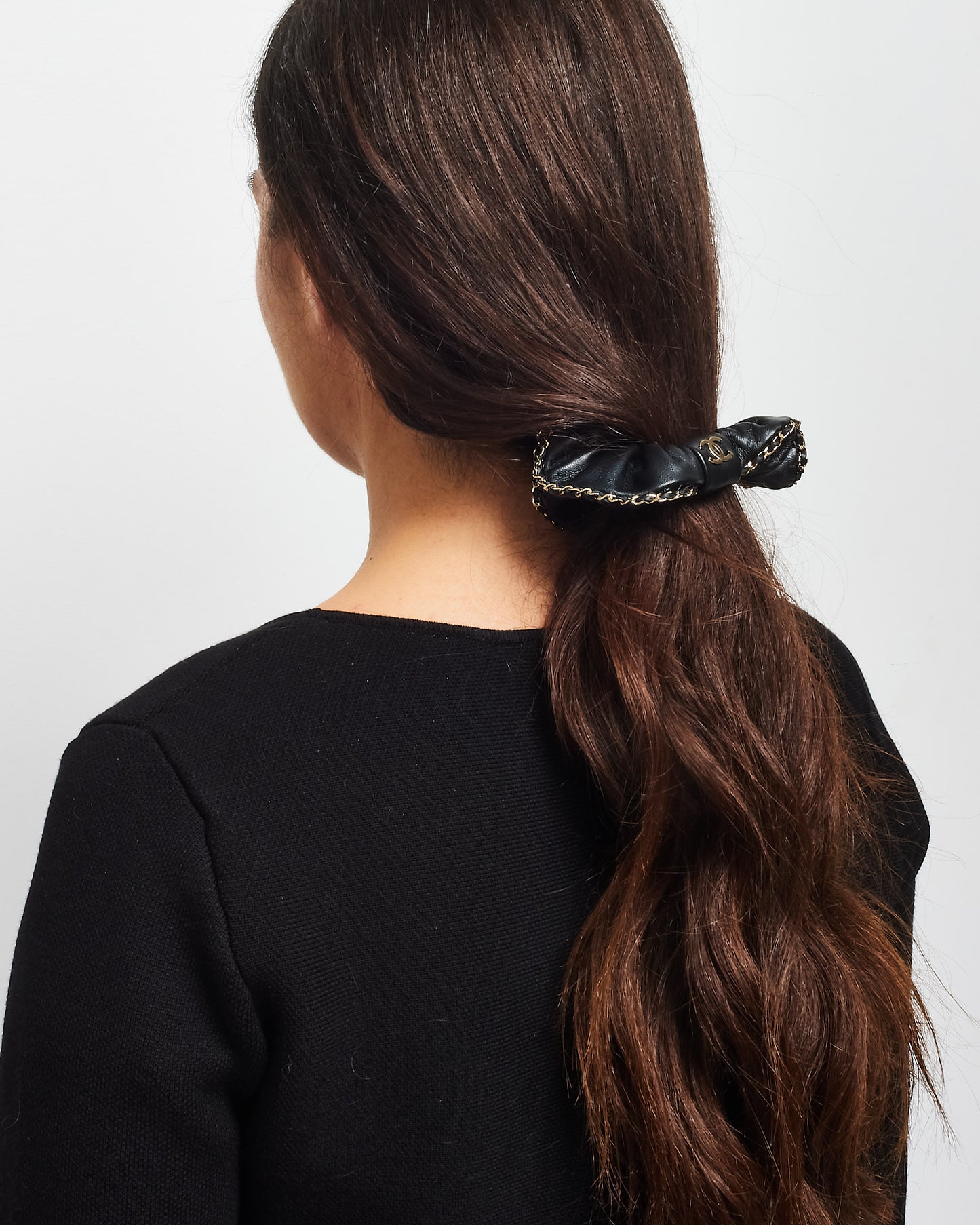 Chanel Black Leather Silver Chain CC Logo Scrunchie