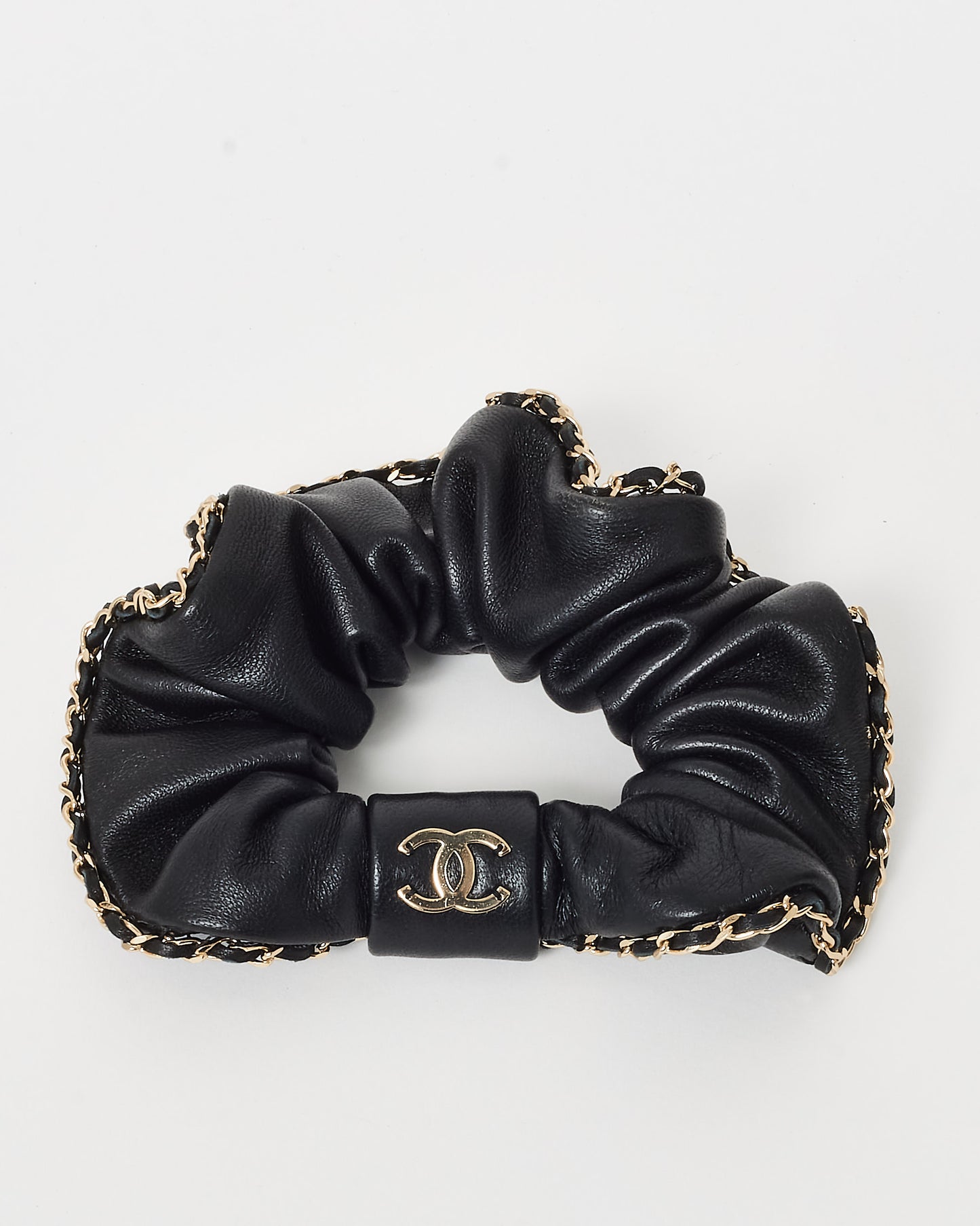 Chanel Black Leather Silver Chain CC Logo Scrunchie