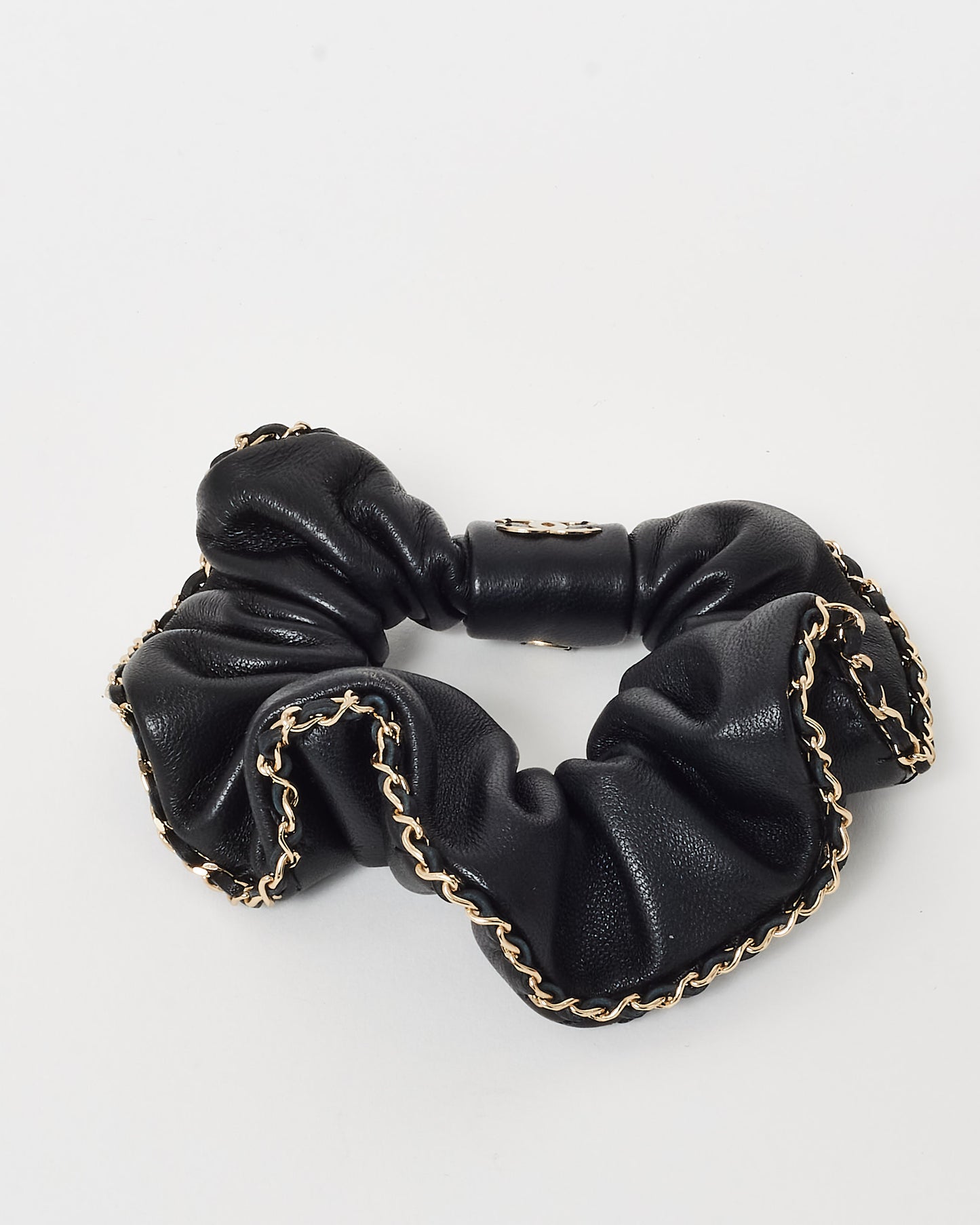 Chanel Black Leather Silver Chain CC Logo Scrunchie