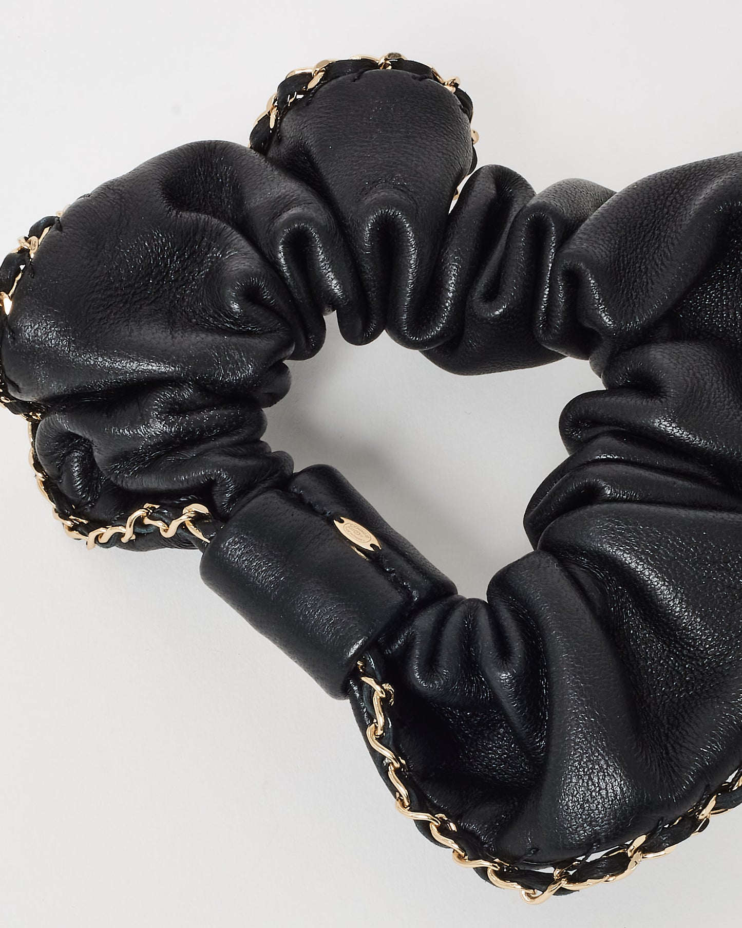 Chanel Black Leather Silver Chain CC Logo Scrunchie