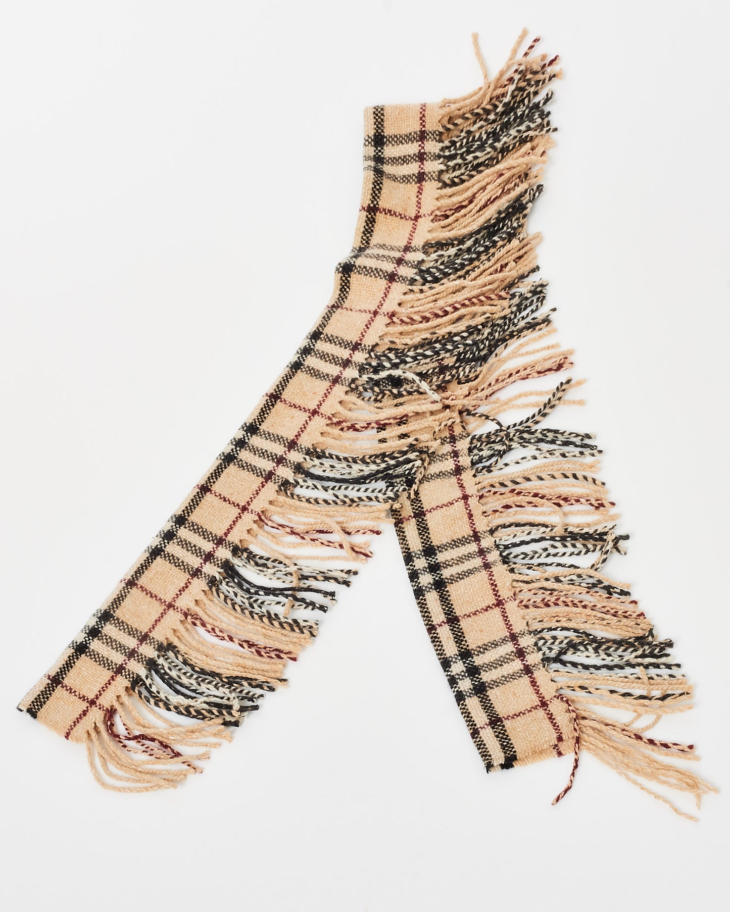 Burberry Beige Wool Cashmere Vintage Check Happy Fringe Scarf