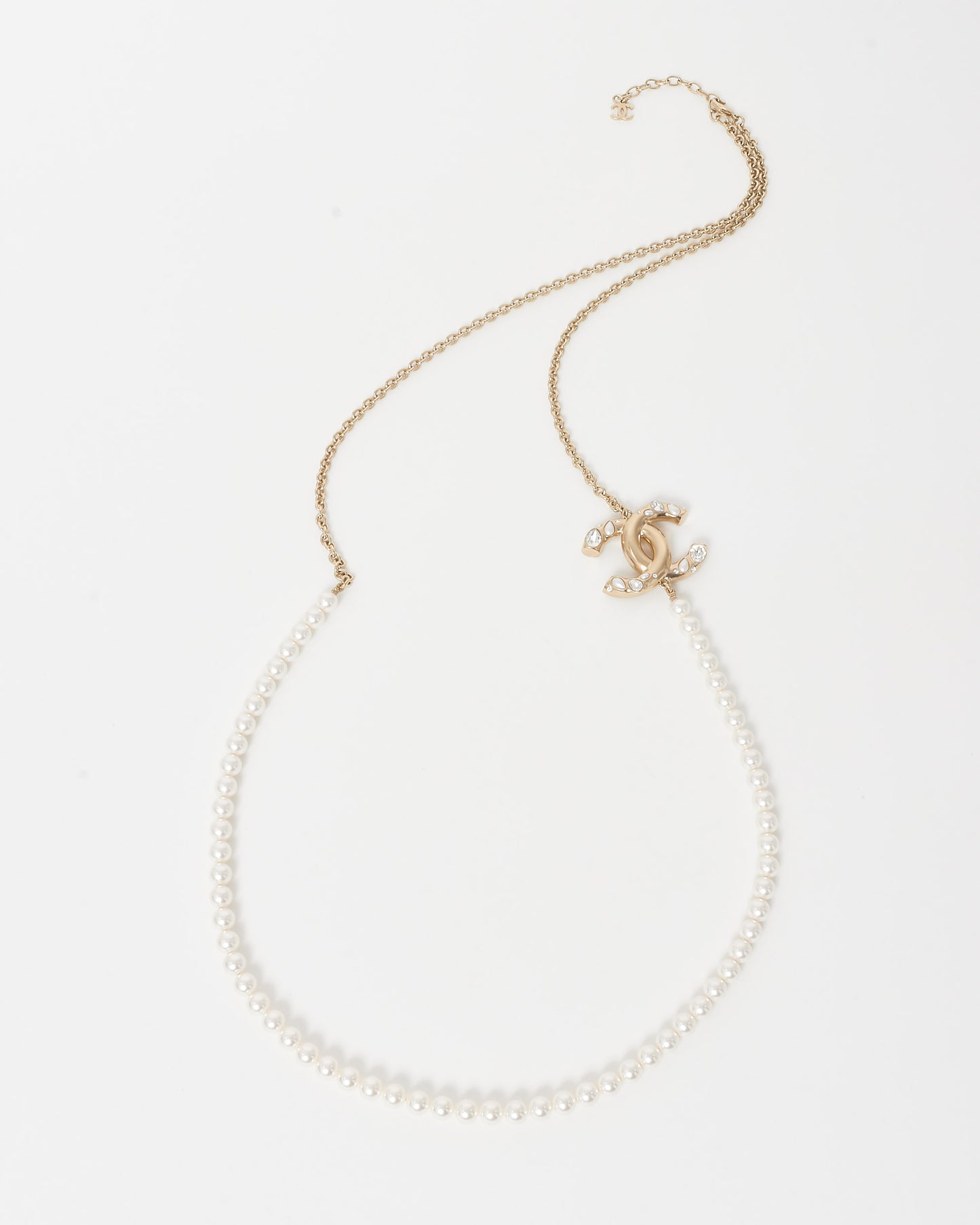 Chanel Pearl 
Gold Chain Embellished Logo Necklace