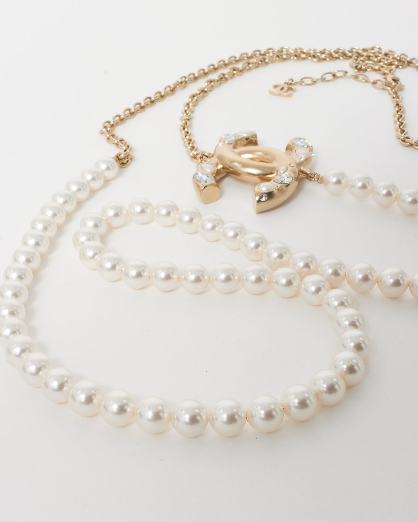 Chanel Pearl 
Gold Chain Embellished Logo Necklace