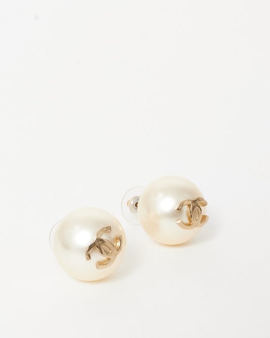 Chanel Large Pearl Logo Stud Earrings