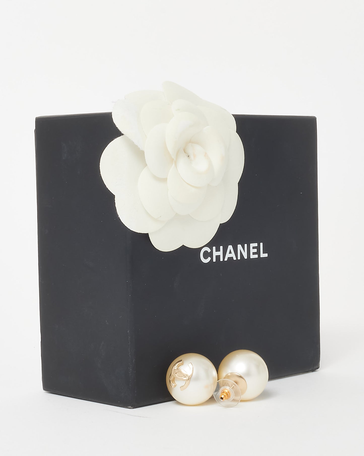 Chanel Large Pearl Logo Stud Earrings