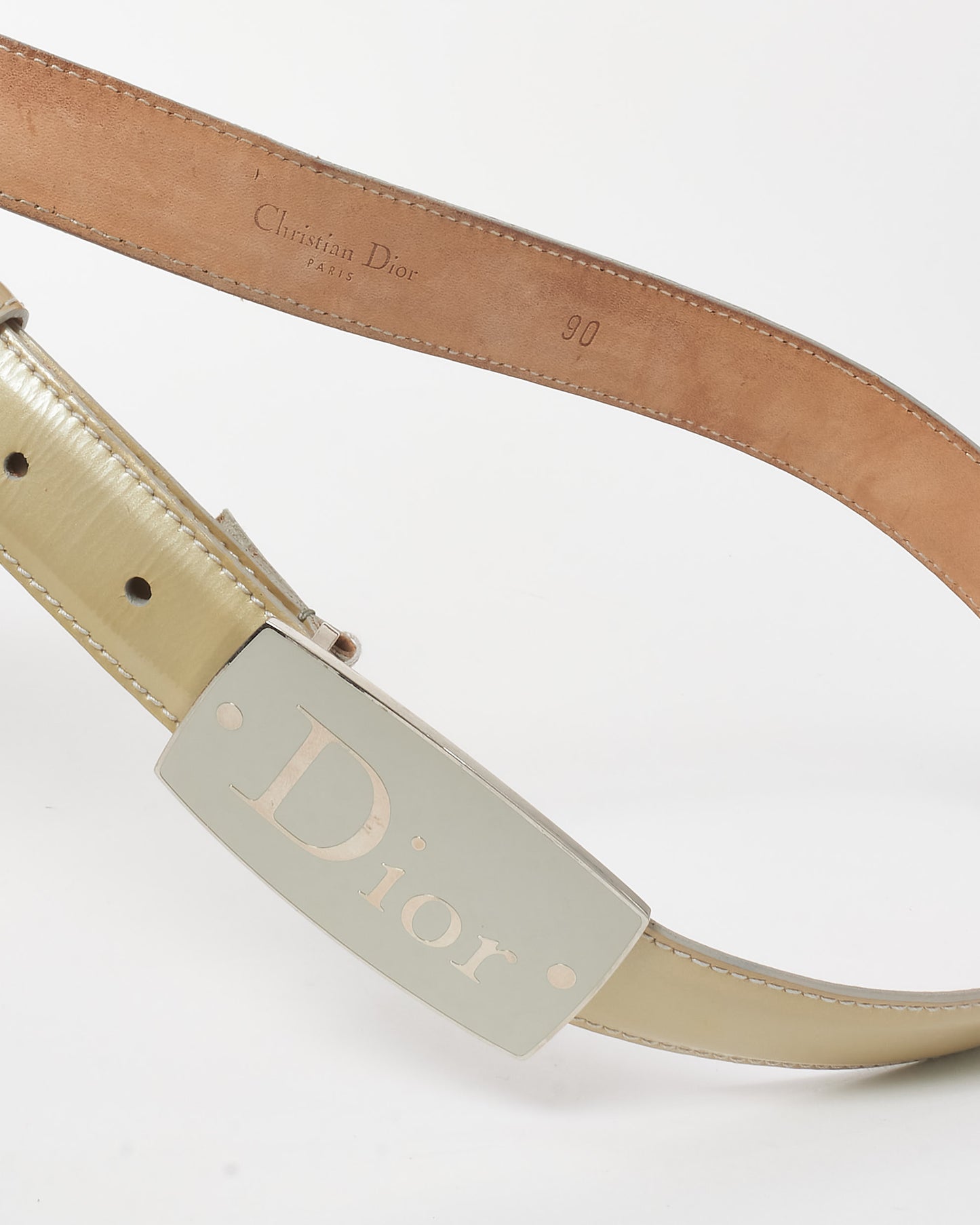 Dior Vintage Pistacchio Green Patent Leather Logo Plaque Belt - 90