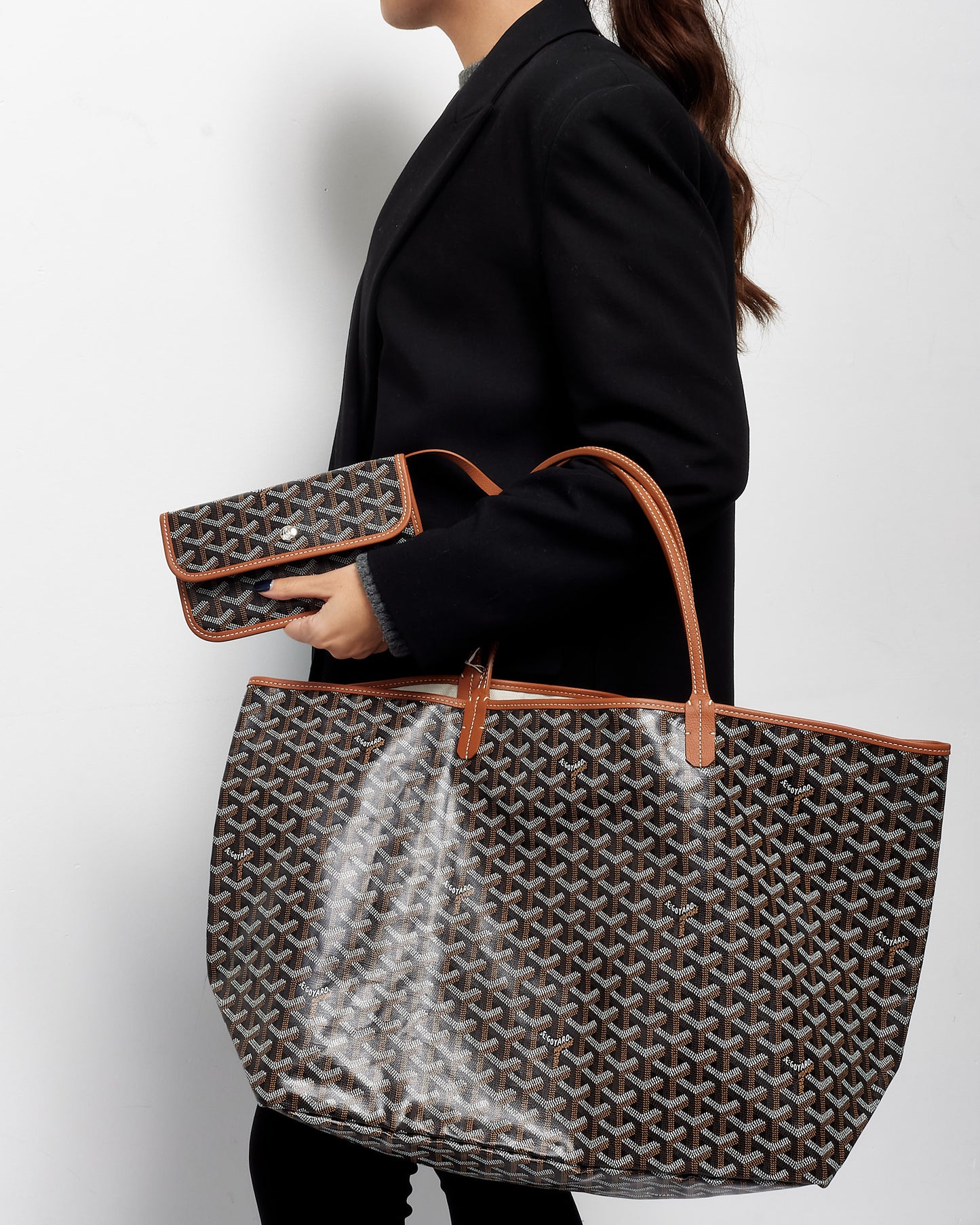 Goyard Black 
Tan Monogram Canvas Saint Louis GM Tote W Pouch