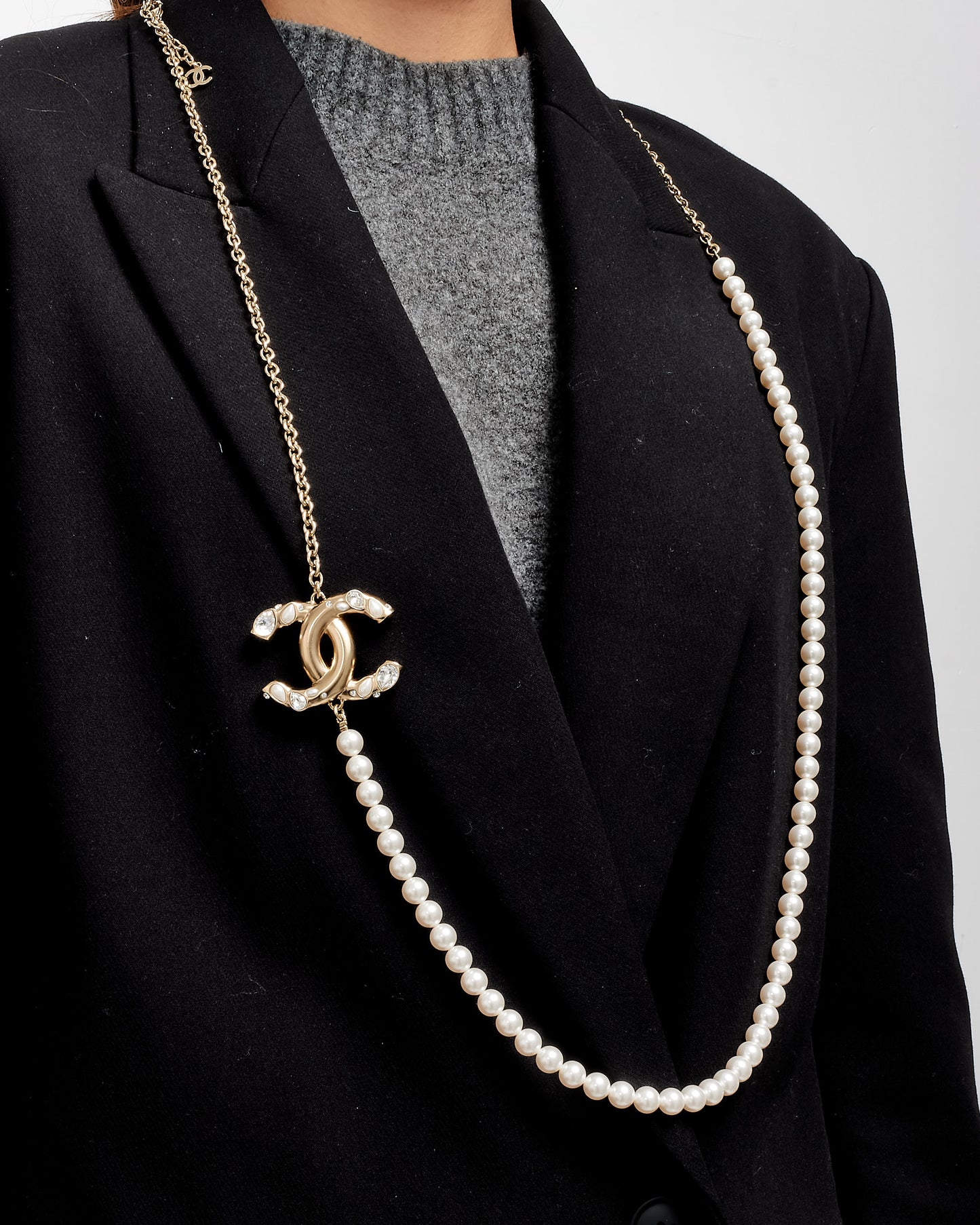 Chanel Pearl 
Gold Chain Embellished Logo Necklace