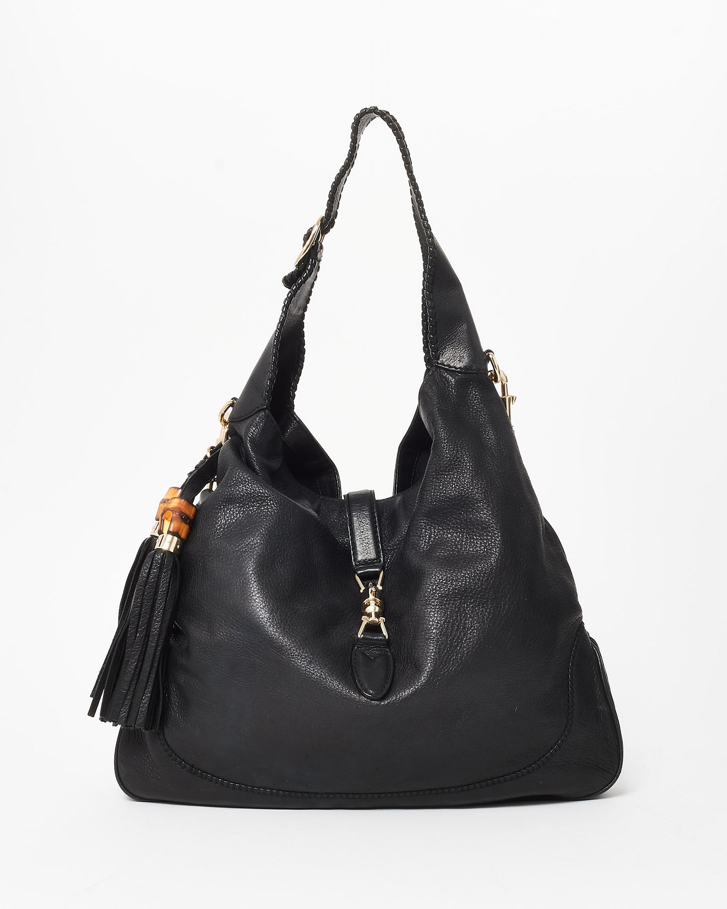 Gucci Black Leather Jackie Bamboo Hobo Tote W/Strap