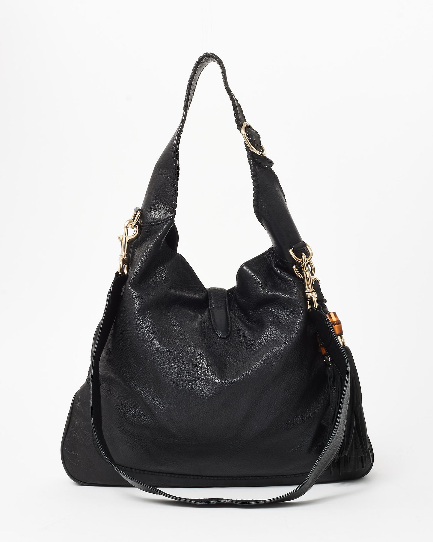 Gucci Black Leather Jackie Bamboo Hobo Tote W/Strap