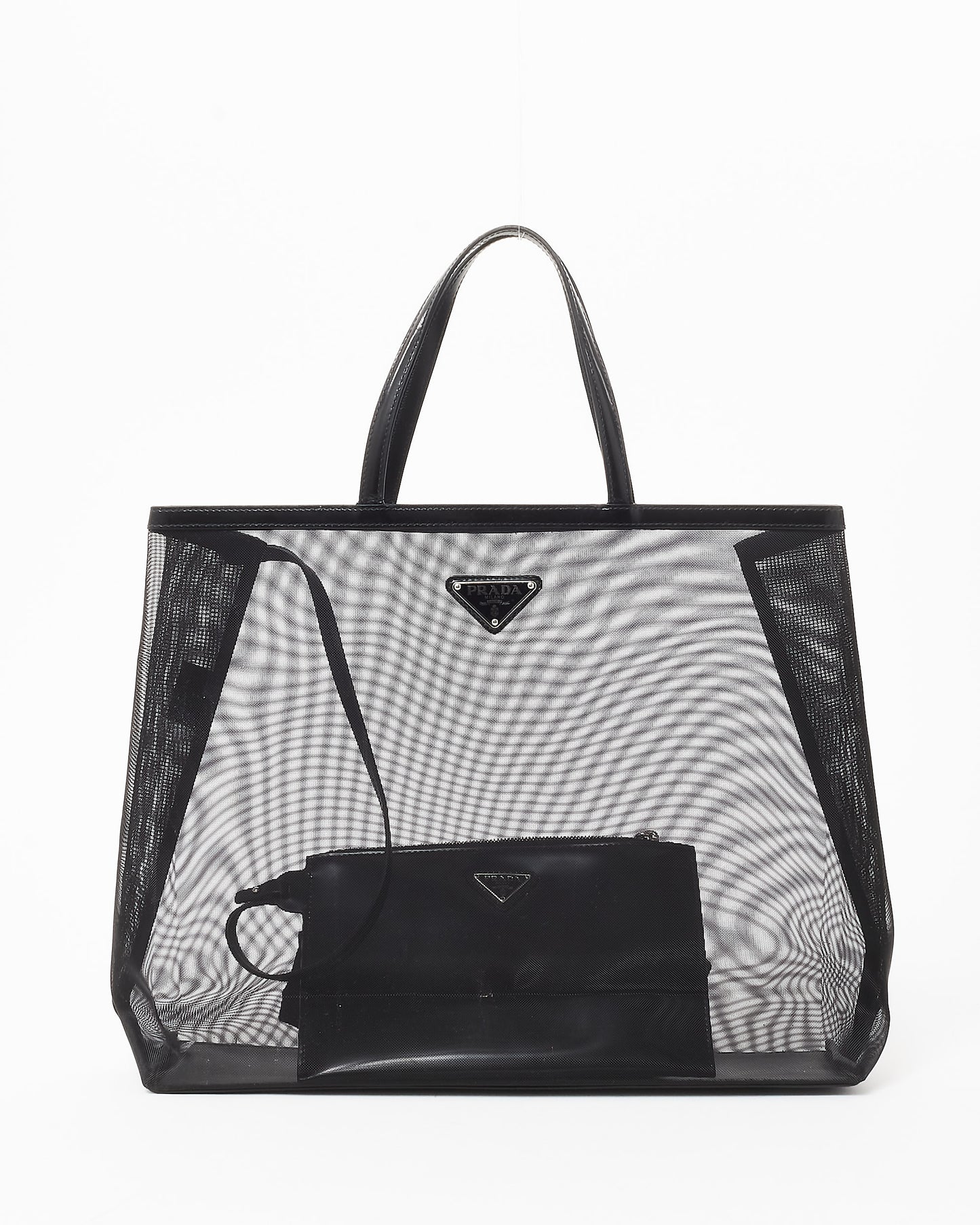 Prada Black Mesh 
Leather Tote Bag W/ Pouch Insert